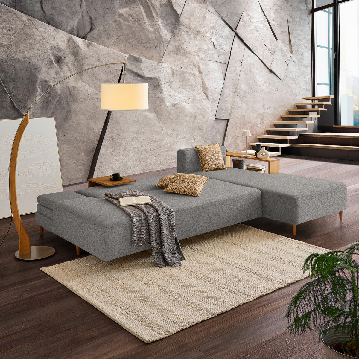 ECKSOFA in Flachgewebe Grau  - Eichefarben/Grau, Design, Holz/Textil (307/190cm) - Joka