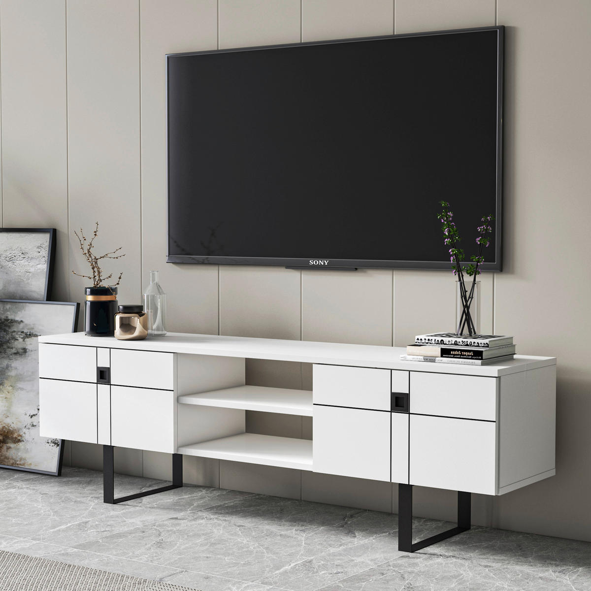 TV-BÄNK 160/50/35 cm  - vit/svart, Design, trämaterial (160/50/35cm) - Livetastic