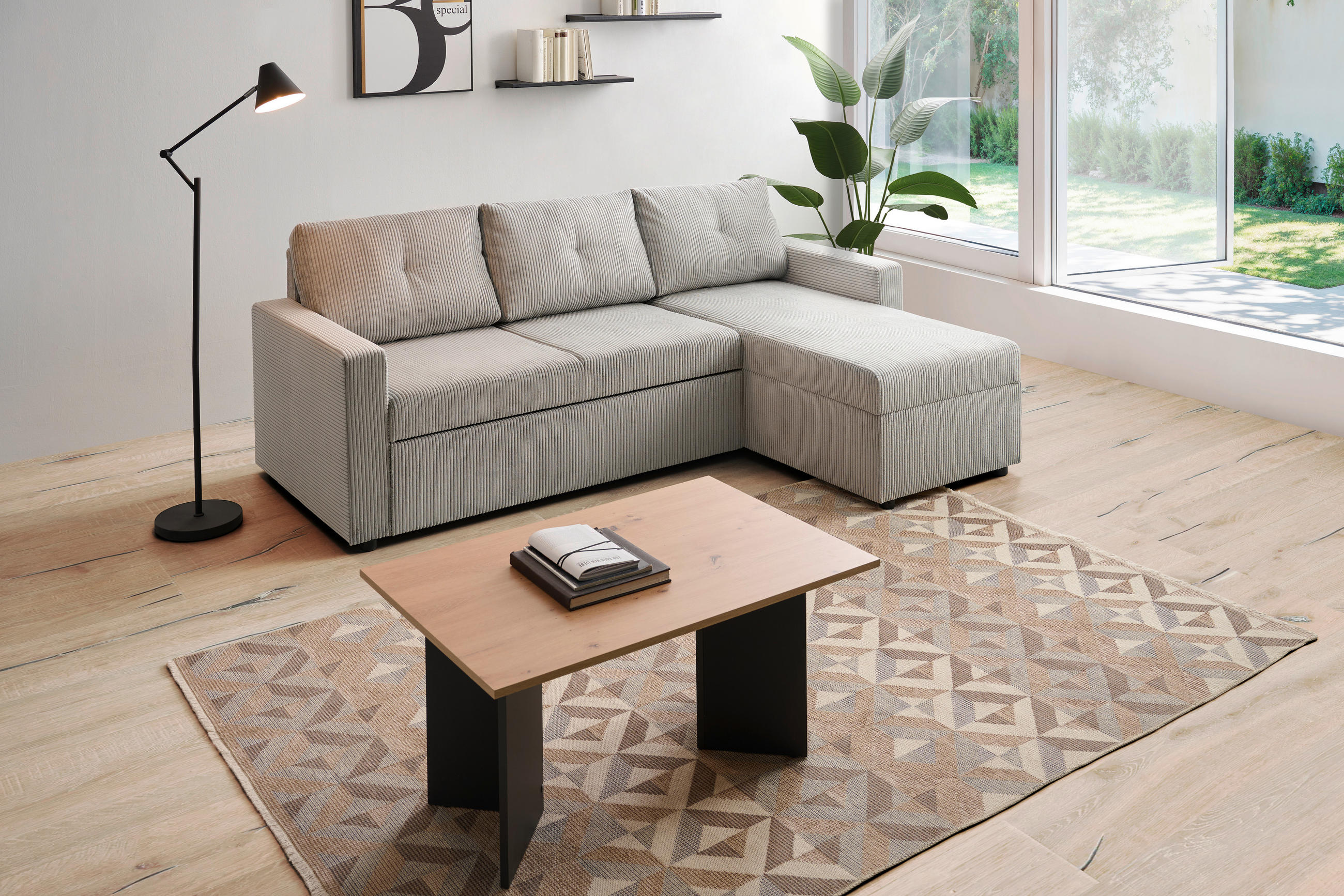 ECKSOFA Hellgrau Cord  - Hellgrau/Schwarz, KONVENTIONELL, Kunststoff/Textil (218/155cm) - Ti'me