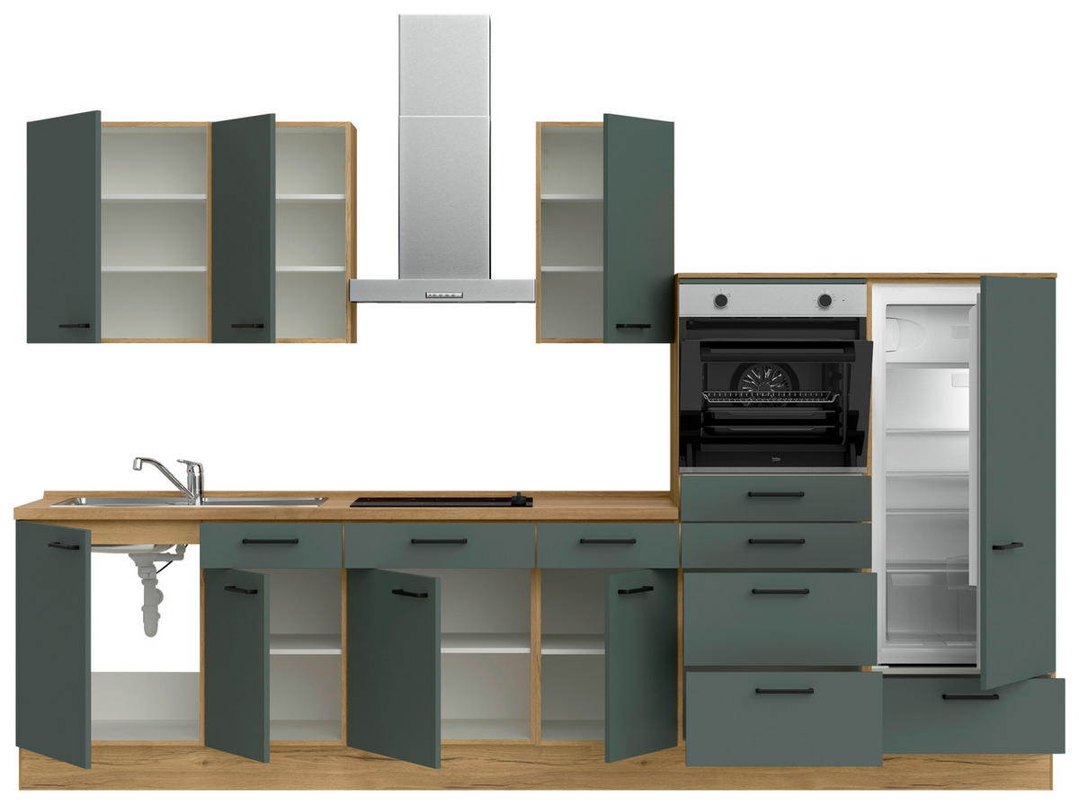 KÜCHENBLOCK Easytouch 330 cm  in Eichefarben, Dunkelgrün  - Dunkelgrün/Eichefarben, MODERN, Holzwerkstoff/Metall (330cm) - Nobilia