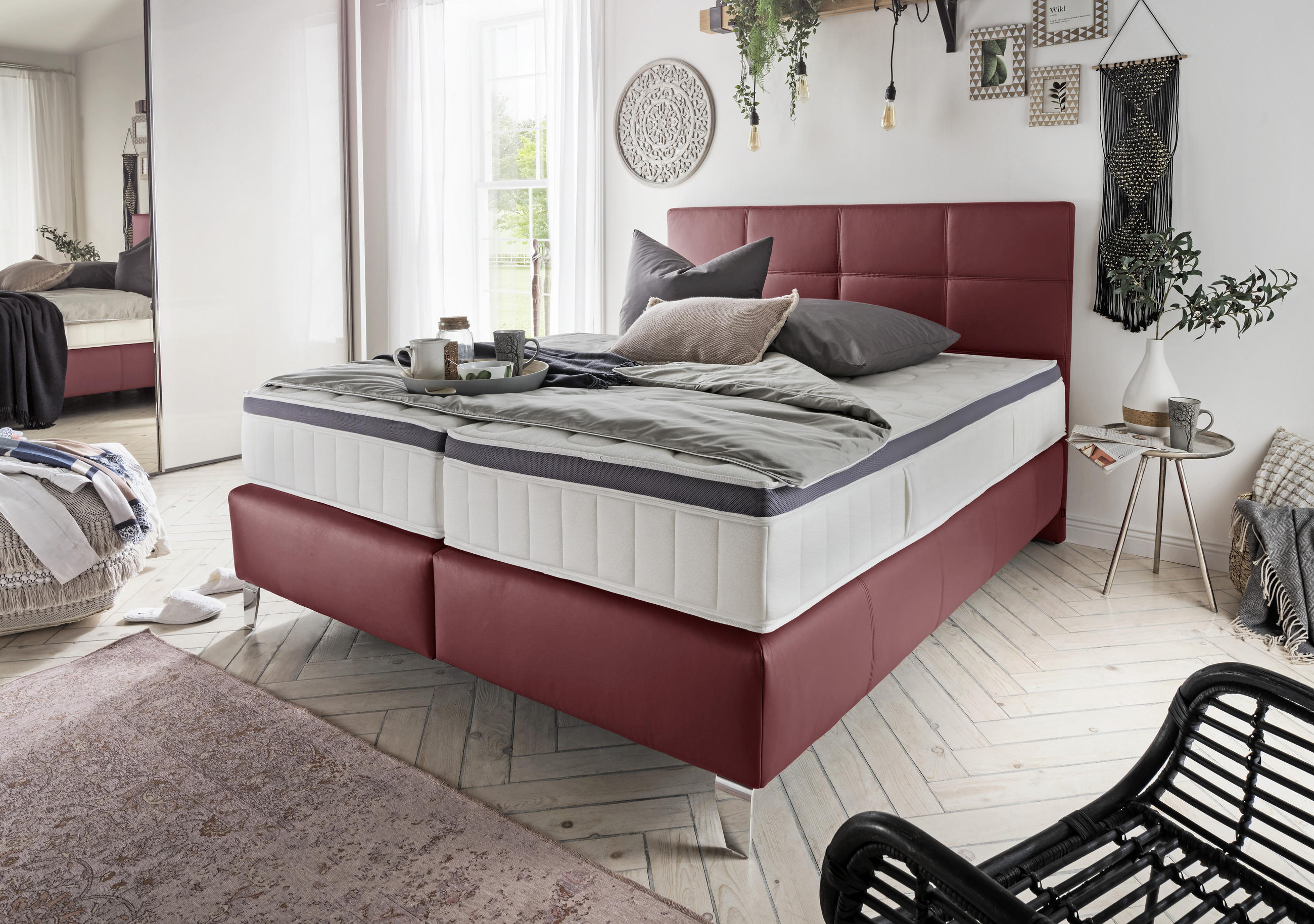 BOXSPRINGBETT 200/200 cm  in Bordeaux  - Chromfarben/Bordeaux, Konventionell, Leder/Textil (200/200cm) - Novel
