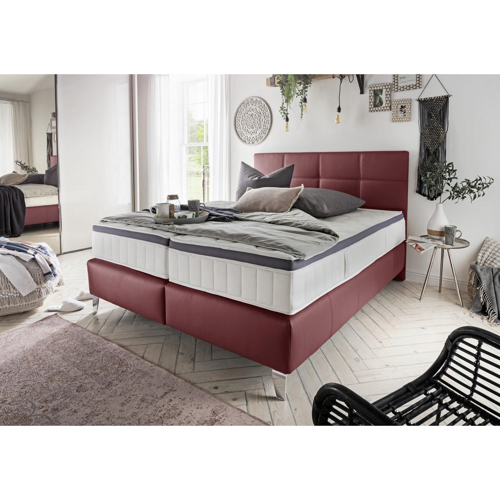 Thumbnail - Novel Boxspringbett, Bordeaux, Textil, Echtleder, Rindleder, H2 + H3, 7-Zonen, Höhe ca. 27 cm, 160x200 cm, Goldenes M, D...