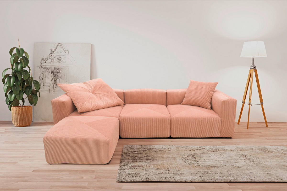 ECKSOFA Rosa, Roségold Cord, Mikrofaser  - Roségold/Schwarz, Design, Kunststoff/Textil (301/69/193cm) - MID.YOU