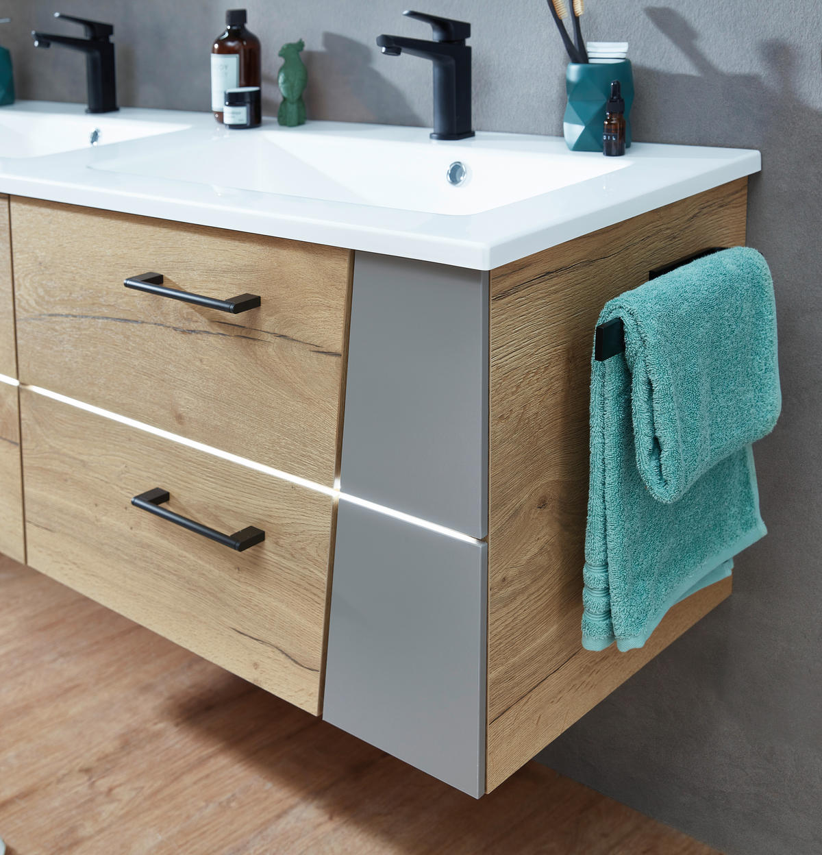 WASCHTISCHKOMBI 153 cm  - Eichefarben/Blaugrau, KONVENTIONELL, Holzwerkstoff/Stein (153cm) - Sadena