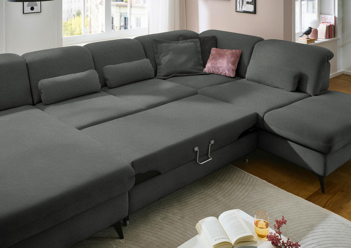 WOHNLANDSCHAFT  in Chenille Grau  - Schwarz/Grau, Design, Textil/Metall (198/364/255cm) - Beldomo Style