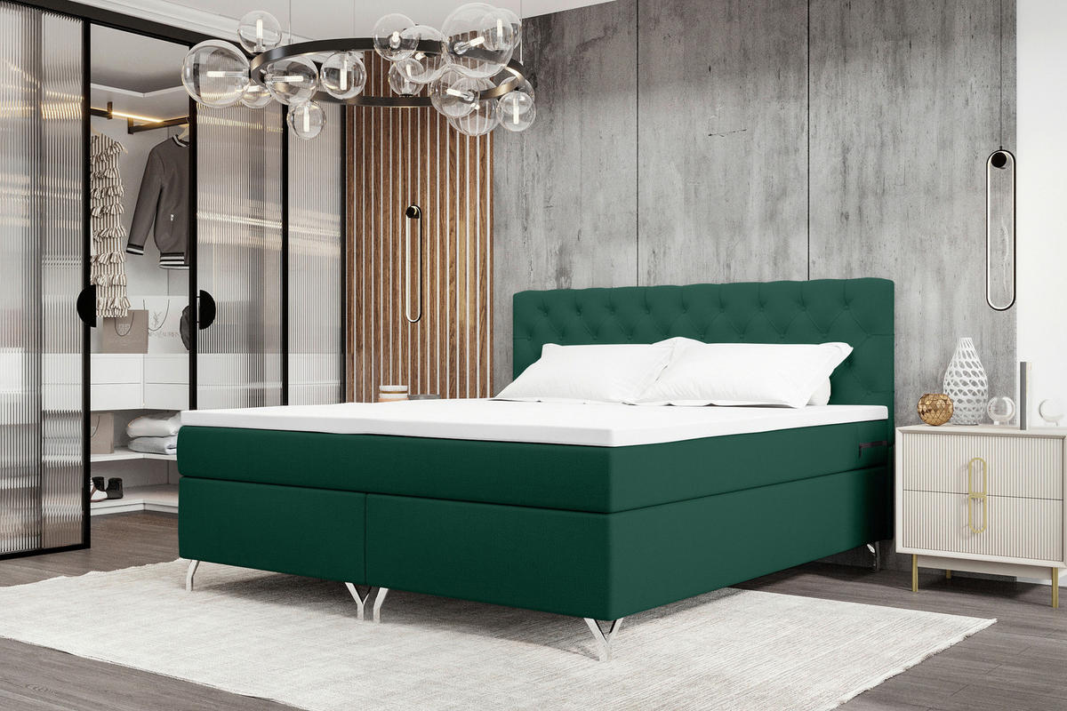 BOXSPRINGBETT 180/200 cm  in Dunkelgrün  - Chromfarben/Dunkelgrün, KONVENTIONELL, Textil/Metall (180/200cm) - Boxxx