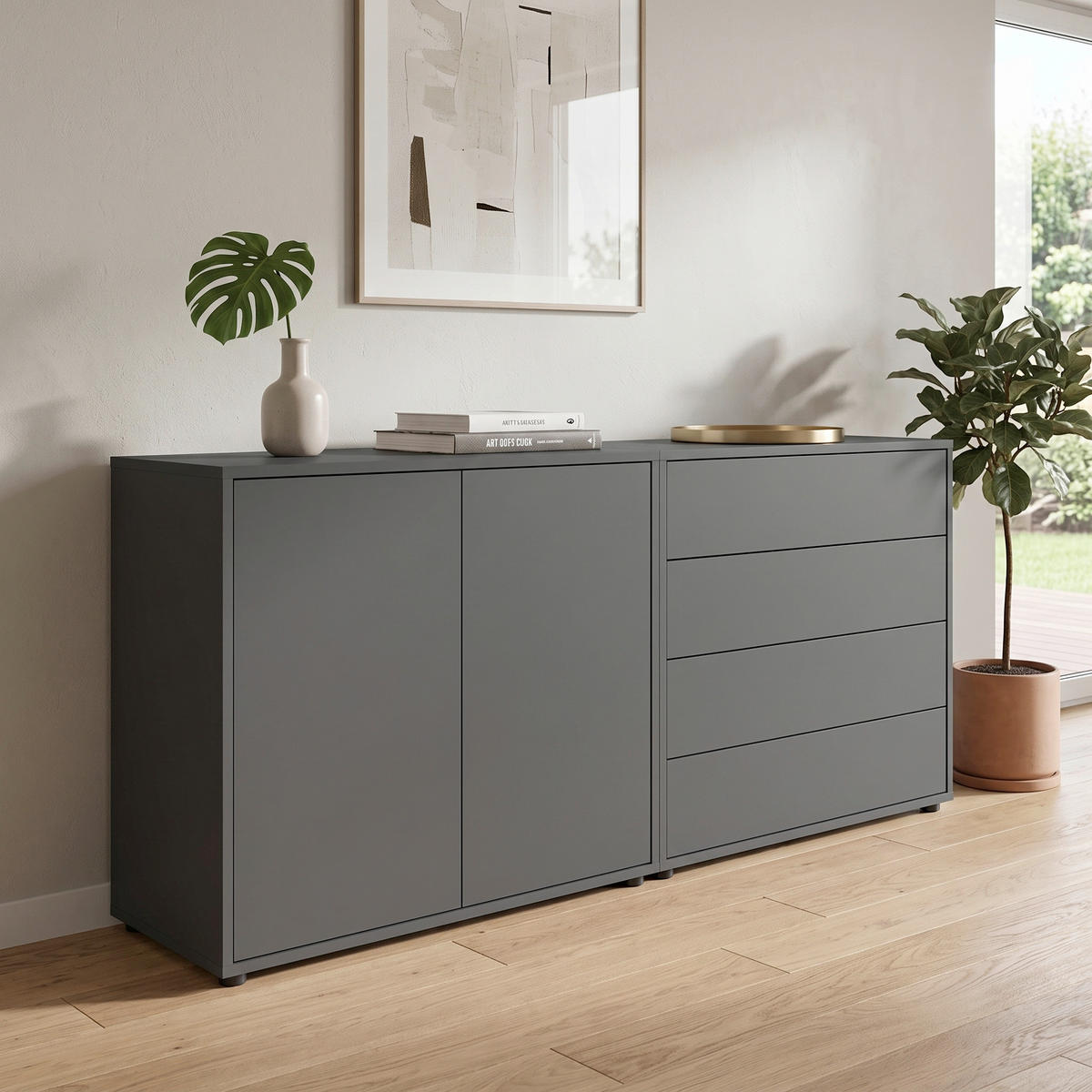 SIDEBOARD Mailand Set 3 158/73/33 cm 4 Schublade(n)  - Anthrazit/Schwarz, MODERN, Holzwerkstoff/Kunststoff (158/73/33cm) - MID.YOU