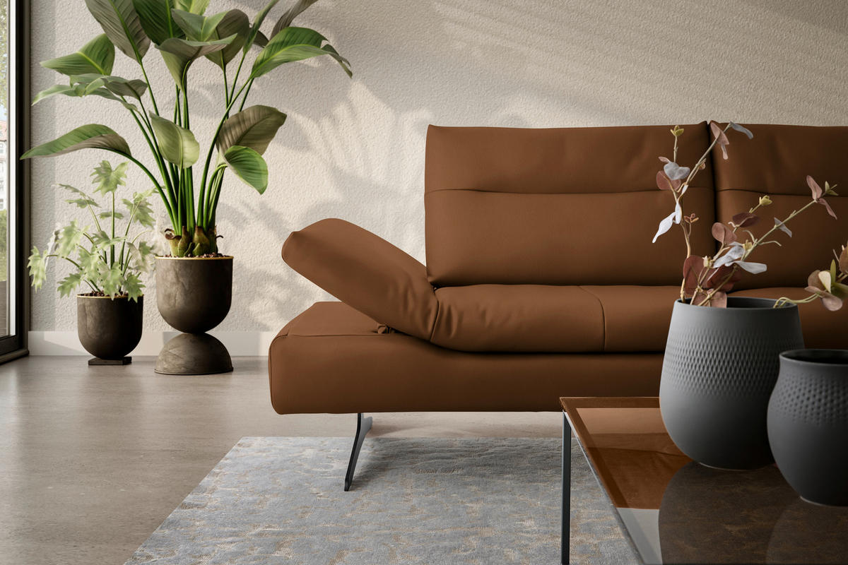 ECKSOFA in Echtleder Cognac  - Cognac/Schwarz, Modern, Leder/Metall (342/158cm) - Chilliano
