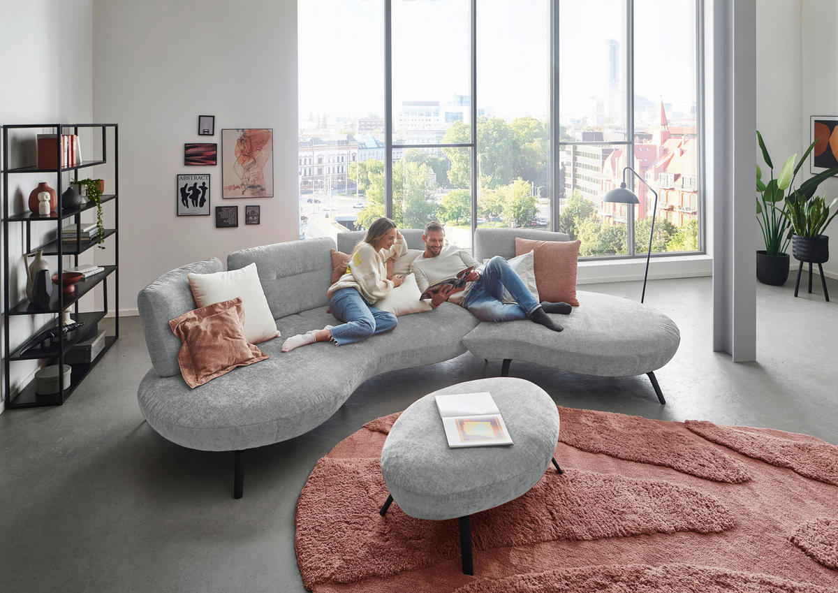 BIGSOFA Flachgewebe Hellgrau  - Hellgrau/Schwarz, Design, Textil/Metall (456/93/138cm) - Moderano