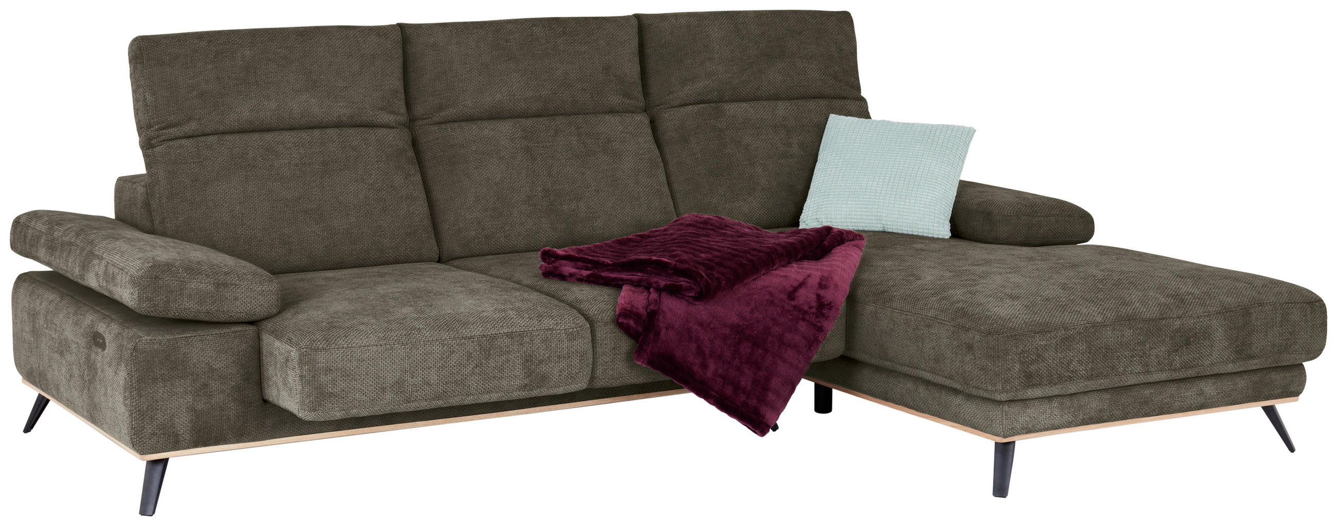 Thumbnail - Mid.you Ecksofa Royce, Olivgrün, Textil, 3-Sitzer, Ottomane rechts, L-Form, 283x194 cm, Made in EU, motorische Relaxfunk...