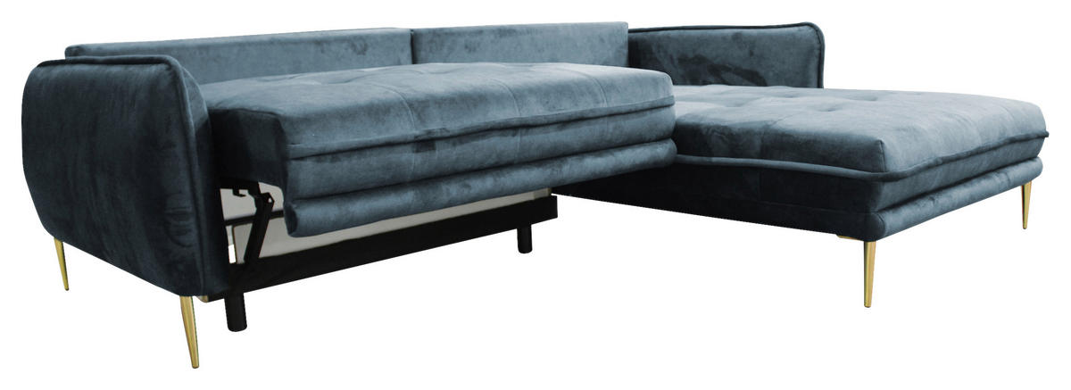 ECKSOFA Blau Velours  - Blau/Goldfarben, Design, Textil/Metall (264/196cm) - MID.YOU