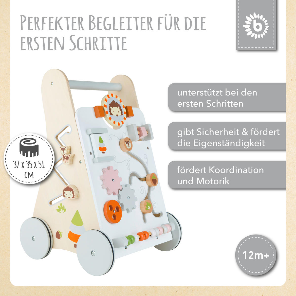 LAUFLERNWAGEN HOLZ WALDTIERE - Naturfarben/Orange, KONVENTIONELL, Holz (37/35/51cm)