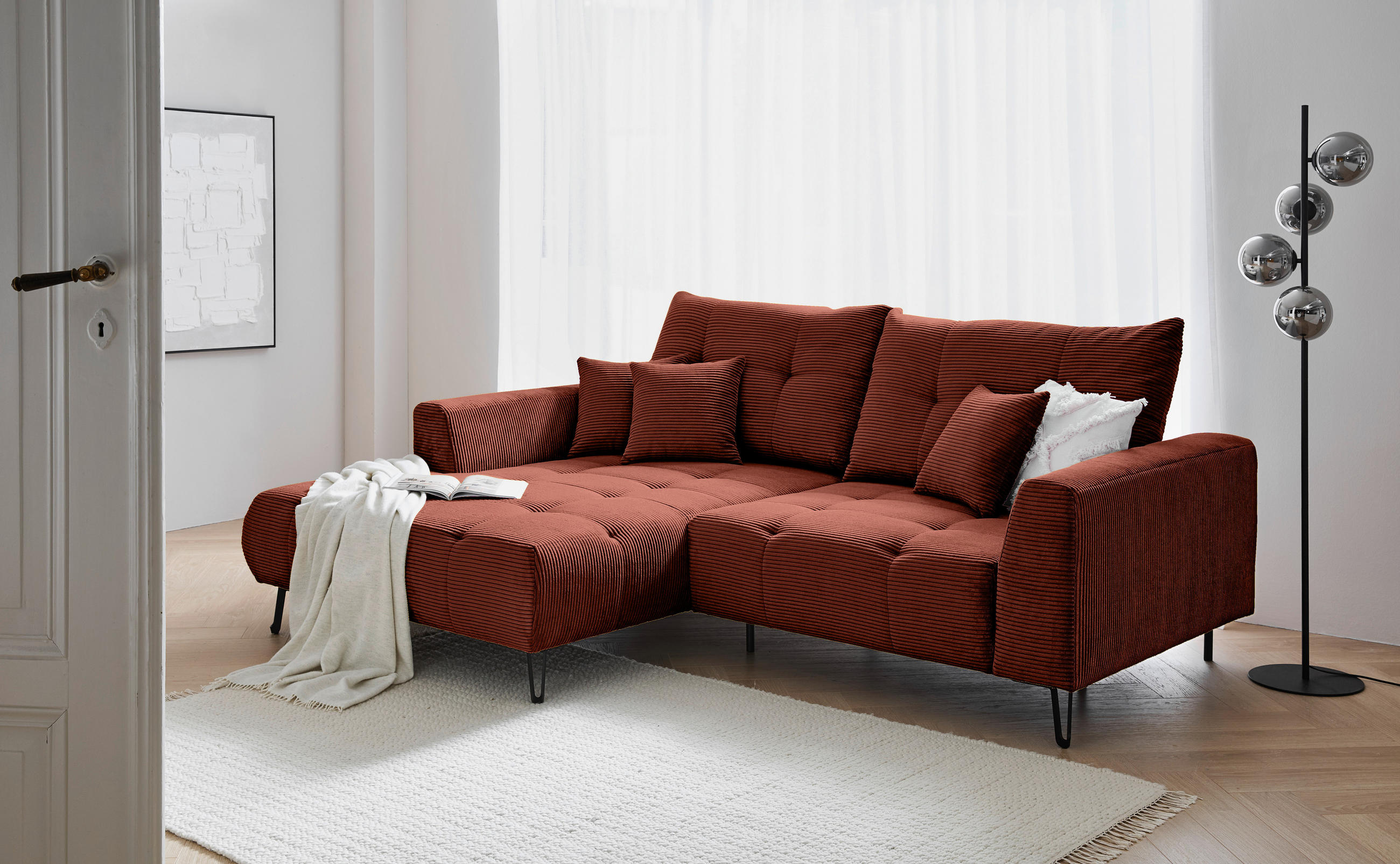 ECKSOFA Kupferfarben Cord  - Schwarz/Kupferfarben, KONVENTIONELL, Textil/Metall (185/250cm) - Carryhome