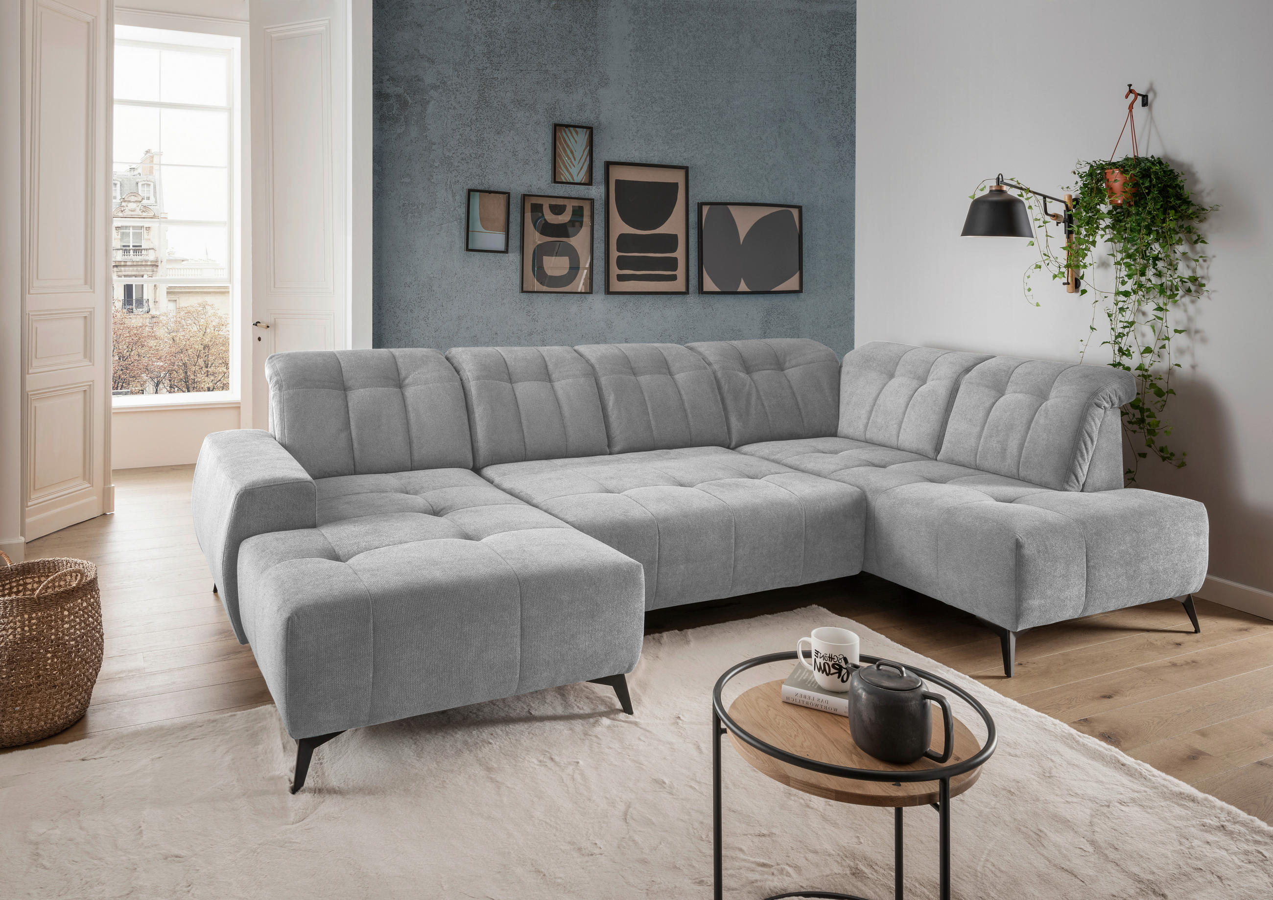 WOHNLANDSCHAFT SANO Silberfarben Chenille  - Silberfarben/Schwarz, MODERN, Textil/Metall (200/337/180cm) - Livetastic