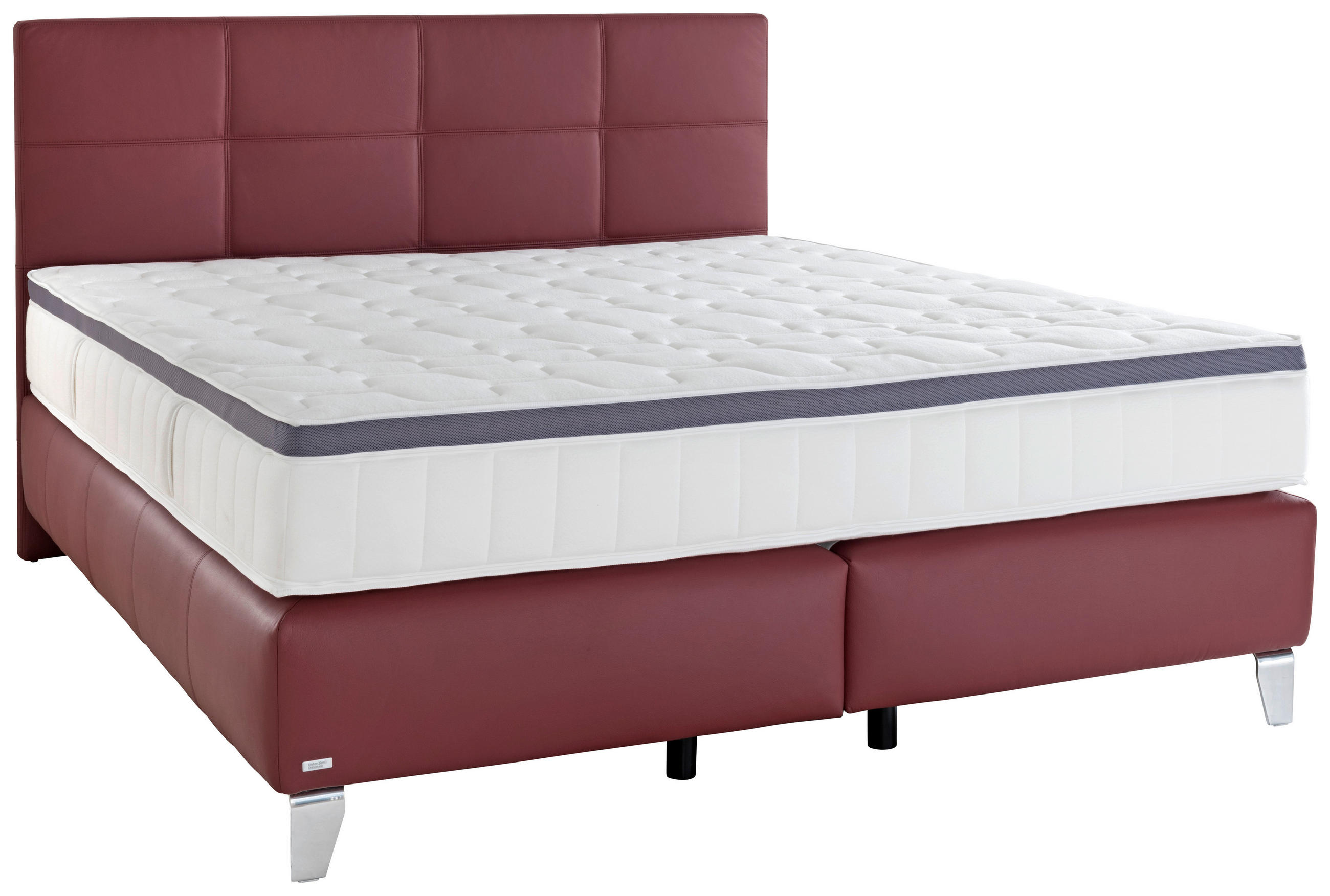 BOXSPRINGBETT 160/200 cm,  in Bordeaux, Matratze, gepolstertes Kopfteil, Topper, H3 + H4 = fest + sehr fest  - Chromfarben/Bordeaux, KONVENTIONELL, Leder/Textil (160/200cm) - Novel