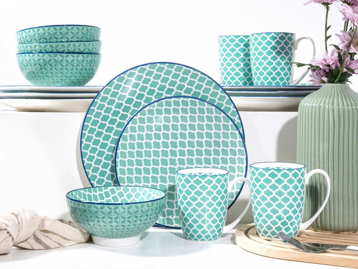 KOMBISERVICE Weiß, Petrol Mediterran Petrol 16-teilig 4 Personen  - Petrol/Weiß, Basics, Keramik - Creatable