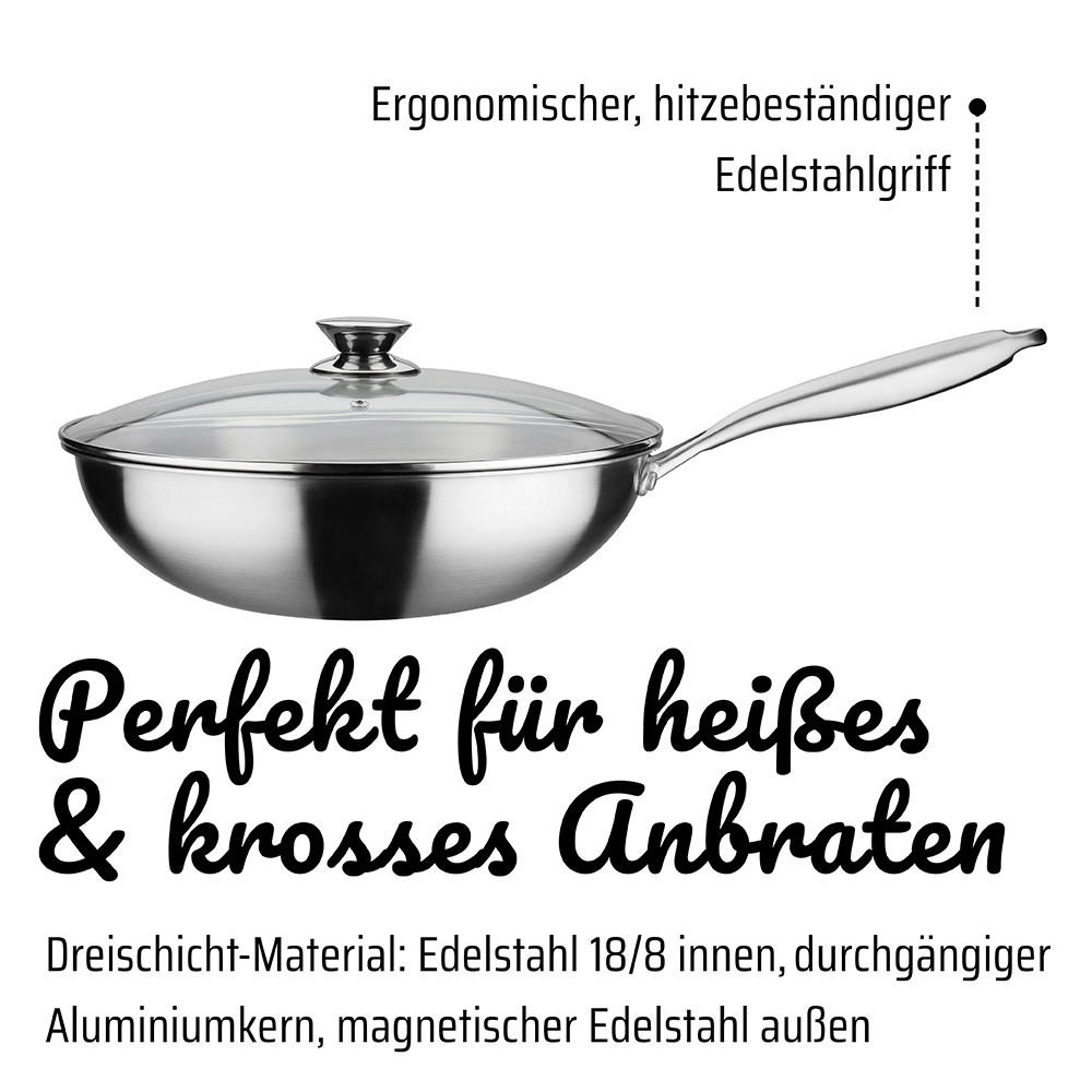 WOKPFANNE INOXXA BLACK Vitaflon® Quarzit Beschichtung 32 cm  - Edelstahlfarben/Transparent, Basics, Glas/Metall (32cm) - GSW