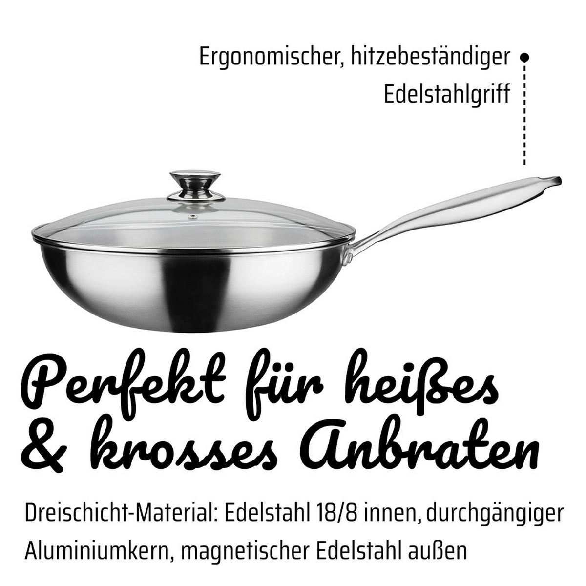 WOKPFANNE INOXXA BLACK Vitaflon® Quarzit Beschichtung 32 cm  - Edelstahlfarben/Transparent, Basics, Glas/Metall (32cm) - GSW