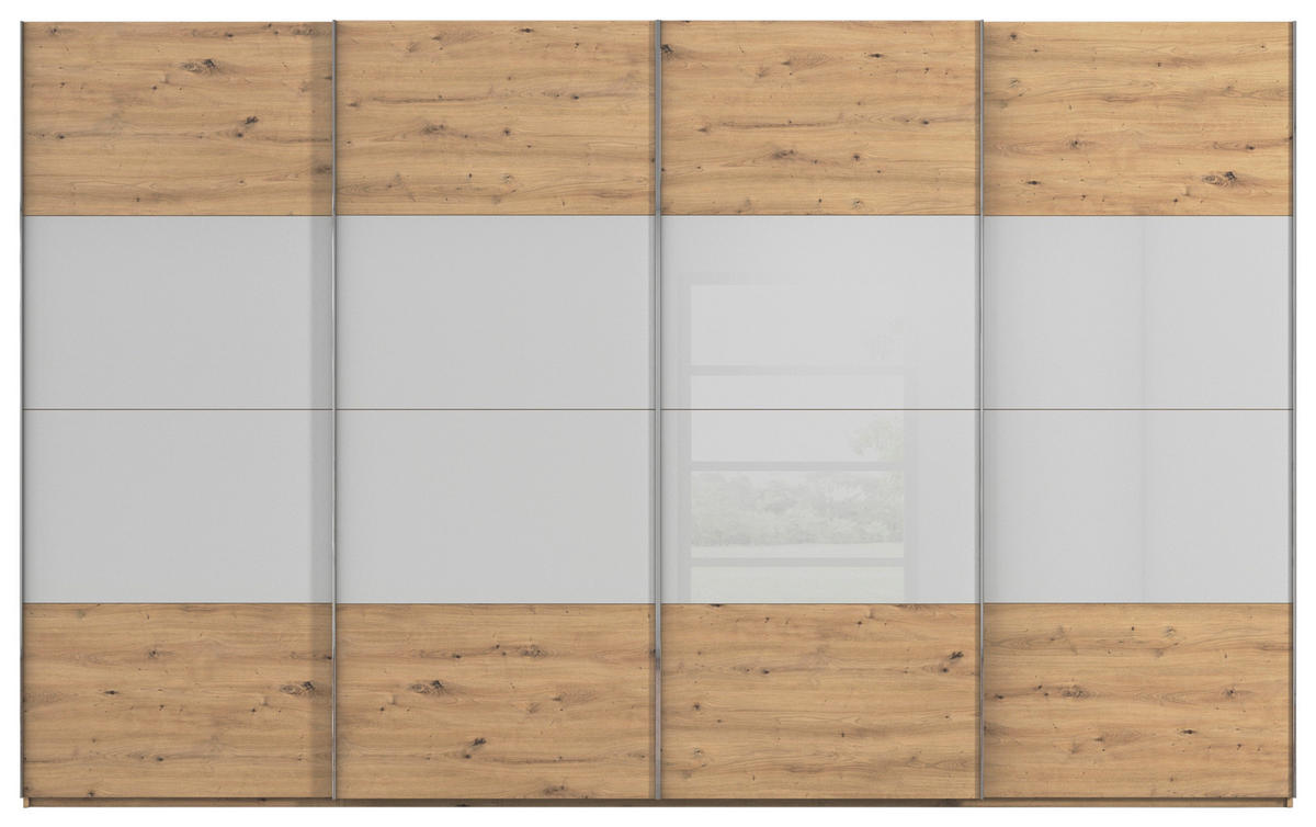 SCHWEBETÜRENSCHRANK 361/223/68 cm 4-türig Grau, Eiche Artisan  - Chromfarben/Eiche Artisan, KONVENTIONELL, Glas/Holzwerkstoff (361/223/68cm) - Novel