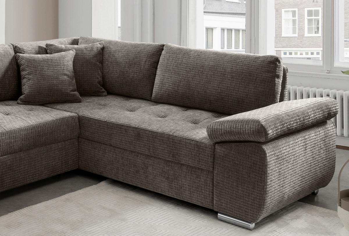 WOHNLANDSCHAFT Graubraun Mikrofaser  - Chromfarben/Graubraun, KONVENTIONELL, Textil/Metall (157/305/219cm) - Livetastic