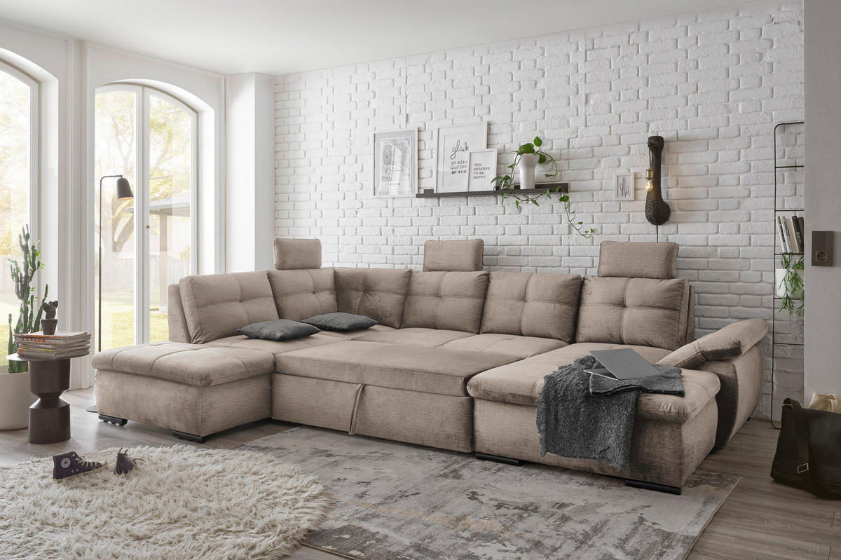 WOHNLANDSCHAFT in Mikrovelours Creme  - Creme/Schwarz, Konventionell, Kunststoff/Textil (217/334/127cm) - Carryhome