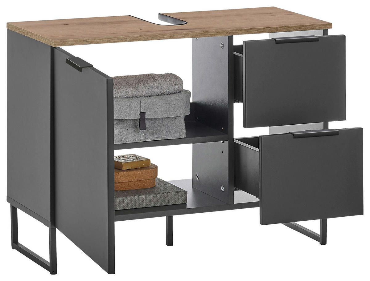 WASCHBECKENUNTERSCHRANK 80/60/35 cm  - Eichefarben/Schwarz, KONVENTIONELL, Holzwerkstoff/Metall (80/60/35cm) - home24