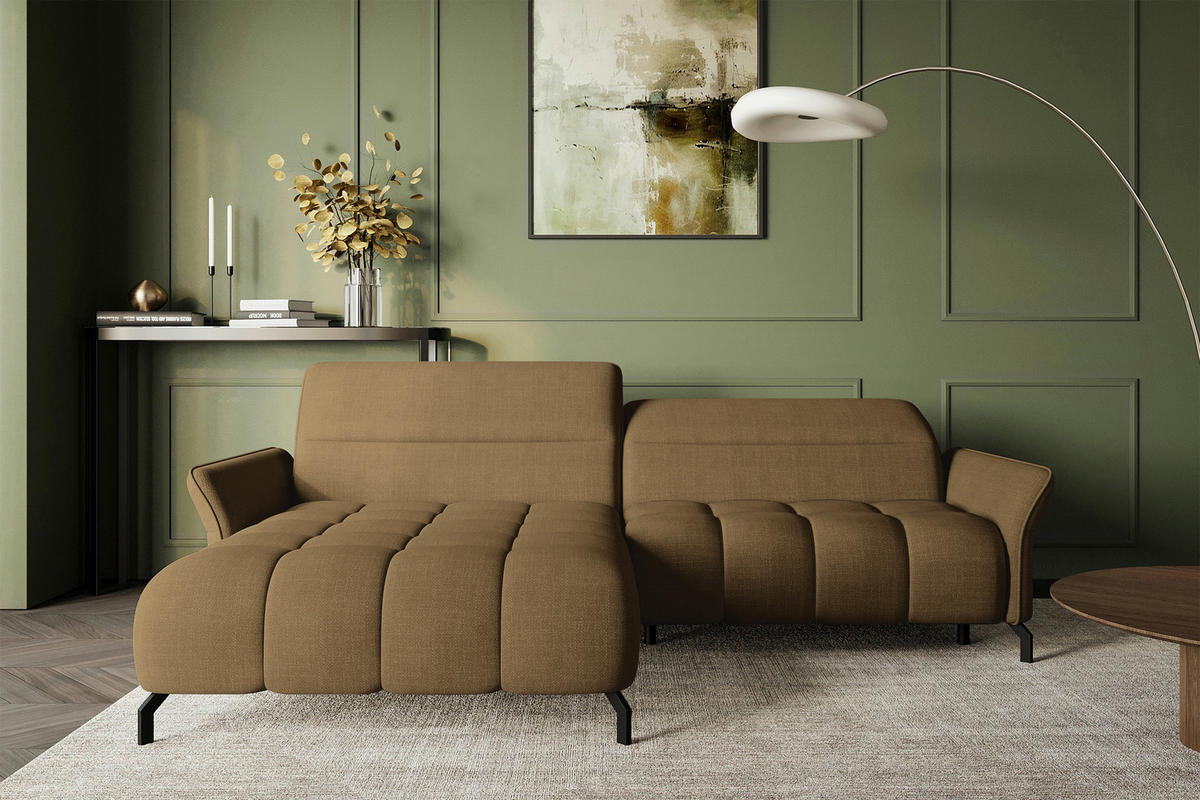 ECKSOFA Olivgrün Flachgewebe Rücken echt, Kopfteilverstellung, Sitztiefenverstellung  - Schwarz/Olivgrün, KONVENTIONELL, Textil/Metall (175/272cm) - Carryhome