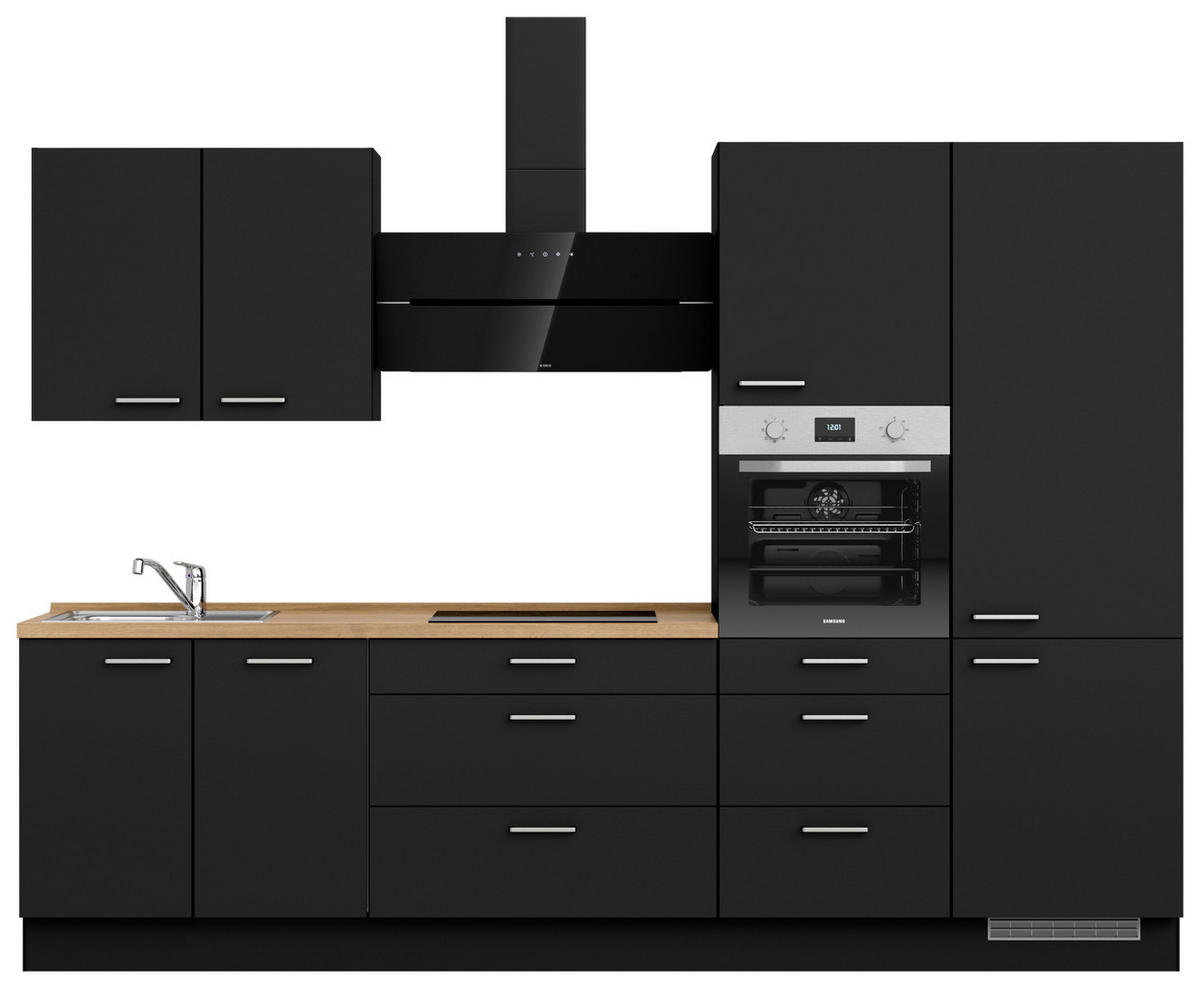 KÜCHENBLOCK Touch 300 cm  in Schwarz, Eichefarben  - Edelstahlfarben/Eichefarben, MODERN, Holzwerkstoff/Metall (300cm) - Nobilia