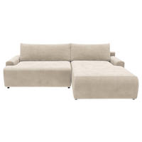ECKSCHLAFSOFA  mit Schlafen auf Sitzhöhe, Rücken echt, Armteil links, Armteil rechts Cord Creme  - Creme/Schwarz, MODERN, Kunststoff/Textil (253/167cm) - Trendmanufaktur