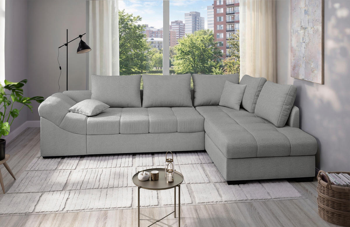 ECKSCHLAFSOFA Alvito in Chenille Silberfarben  - Silberfarben/Schwarz, MODERN, Holz/Textil (298/202cm) - MID.YOU