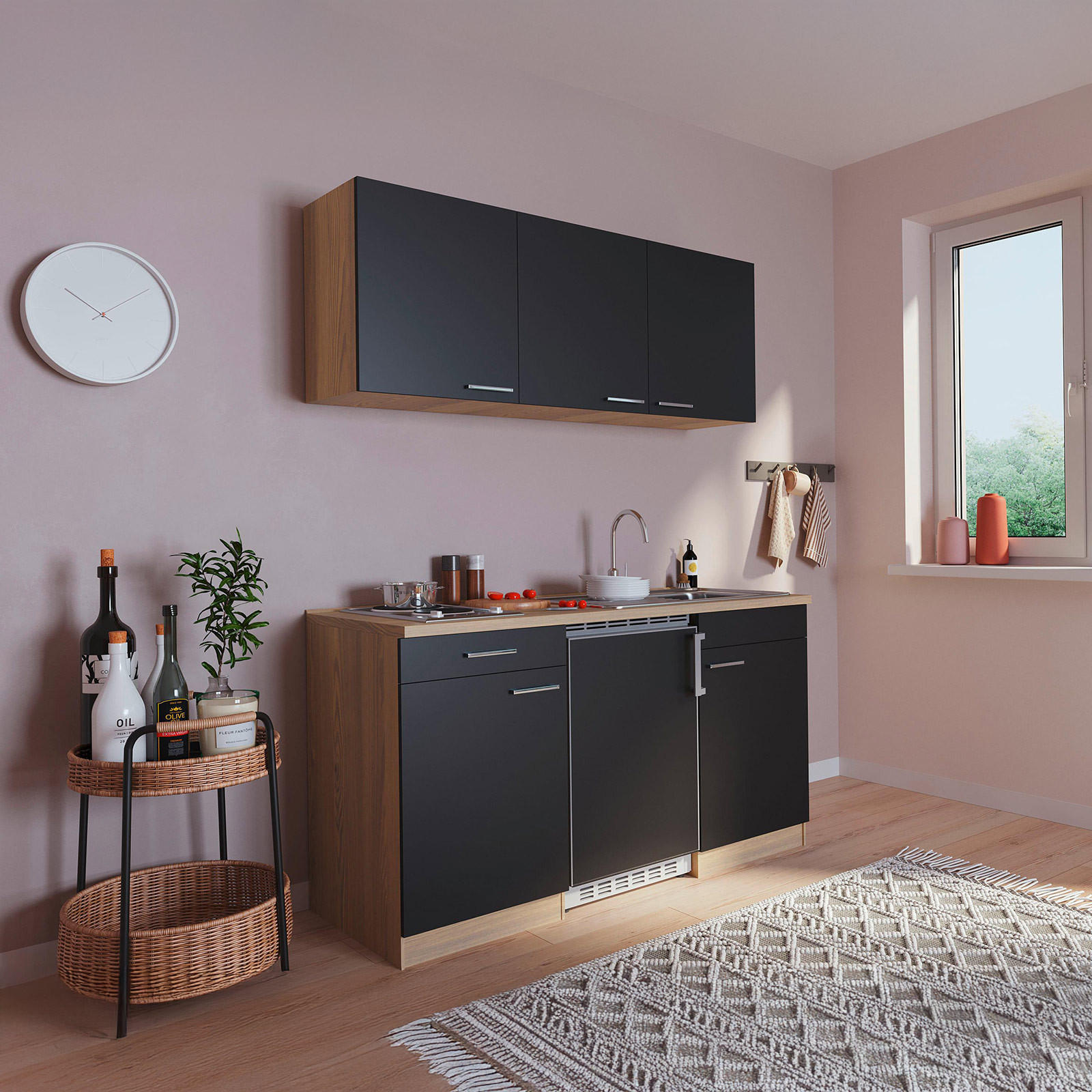 Respekta Miniküche Schwarz, Eiche 150 cm