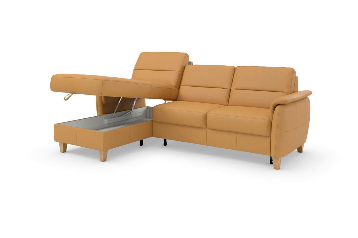 ECKSOFA PALMERA E Currygelb Kombination Echtleder/Stoff Mikrofaser Bettkasten  - Currygelb/Eichefarben, Basics, Leder/Holz (163/244cm) - Sit & More
