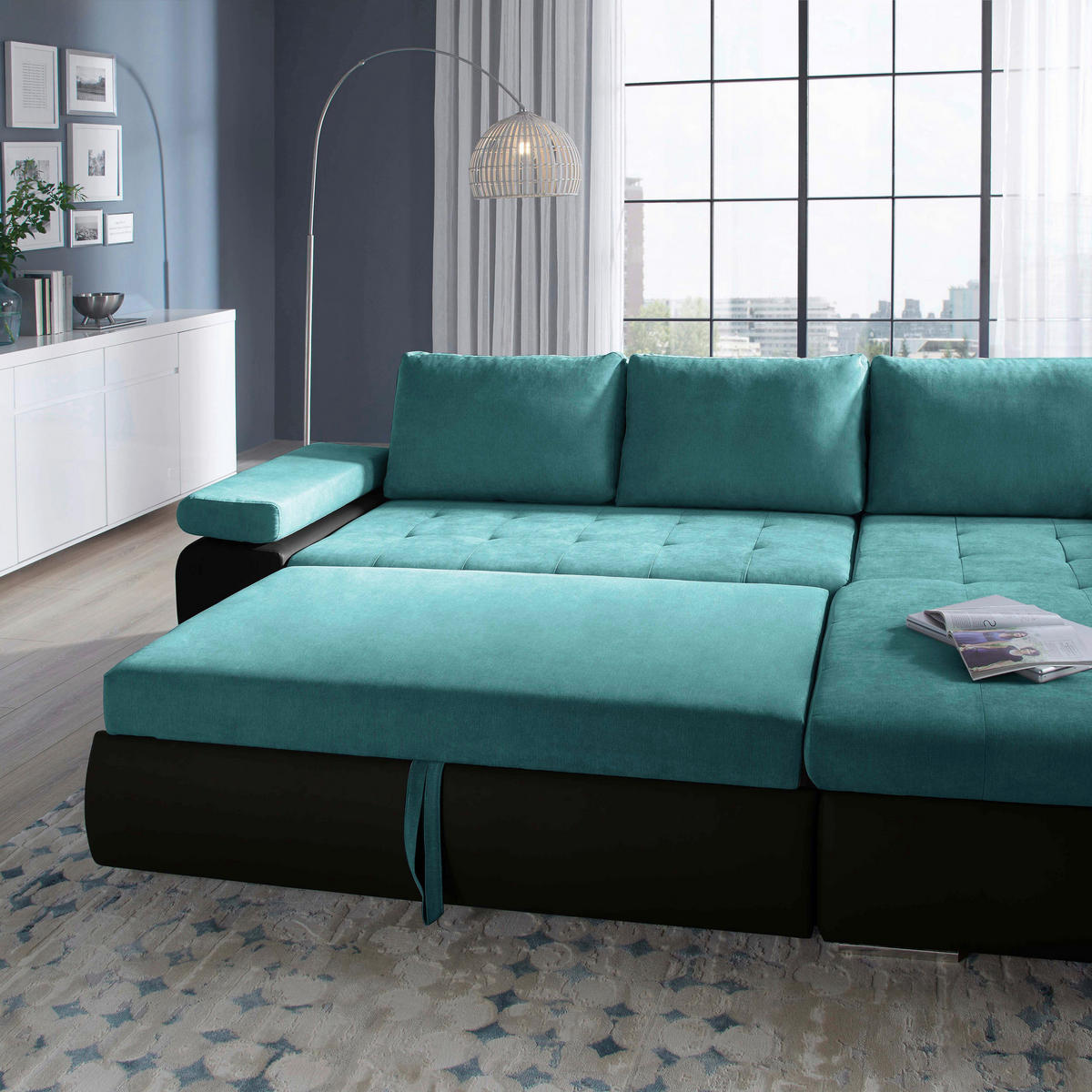 SEDEŽNA GARNITURA, gladka tkanina črna, turkizna  - turkizna/črna, Design, umetna masa/tekstil (271/175cm) - Xora