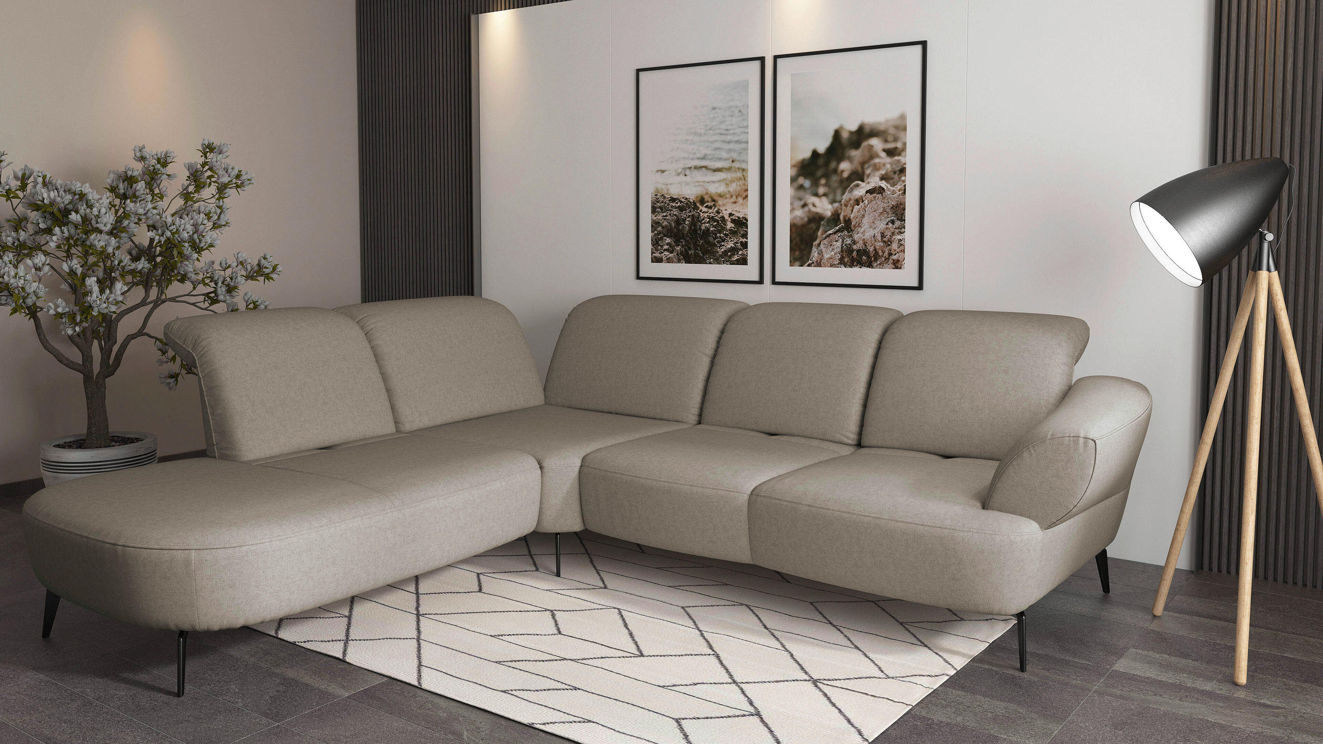 ECKSOFA in Flachgewebe Taupe - Taupe/Schwarz, Modern, Textil/Metall (270/302cm) - Sit & More