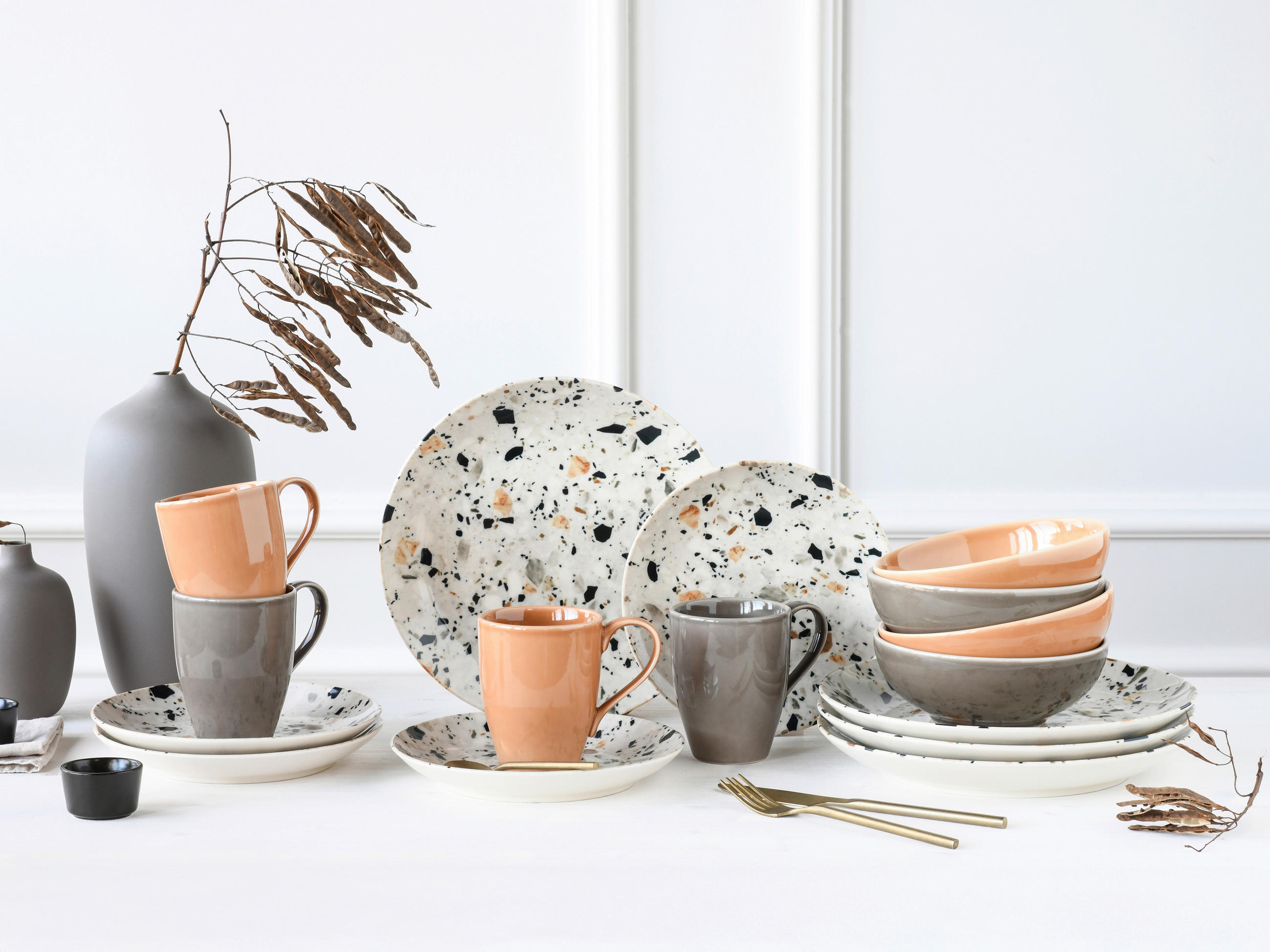 KOMBISERVICE Terrazzo Mix 16-teilig  - Koralle/Multicolor, Basics, Keramik - Creatable