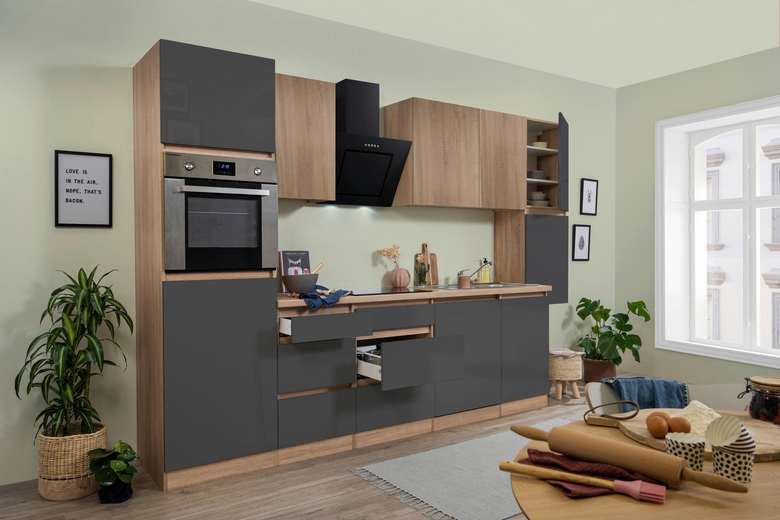 KÜCHENBLOCK 330 cm   in Grau, Eichefarben  - Eichefarben/Grau, Basics, Holzwerkstoff (330cm) - Respekta