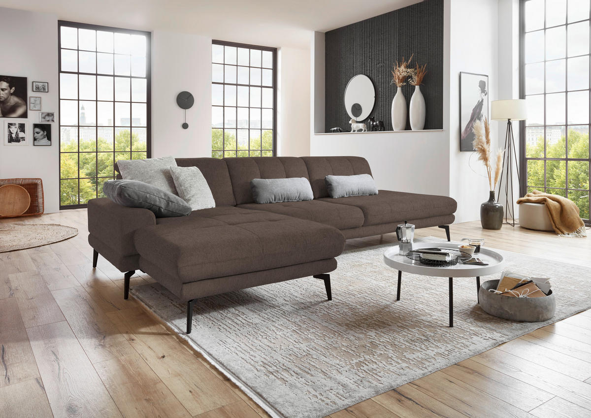 ECKSOFA in Flachgewebe Braun  - Schwarz/Braun, Design, Textil/Metall (190/309cm) - Beldomo Style