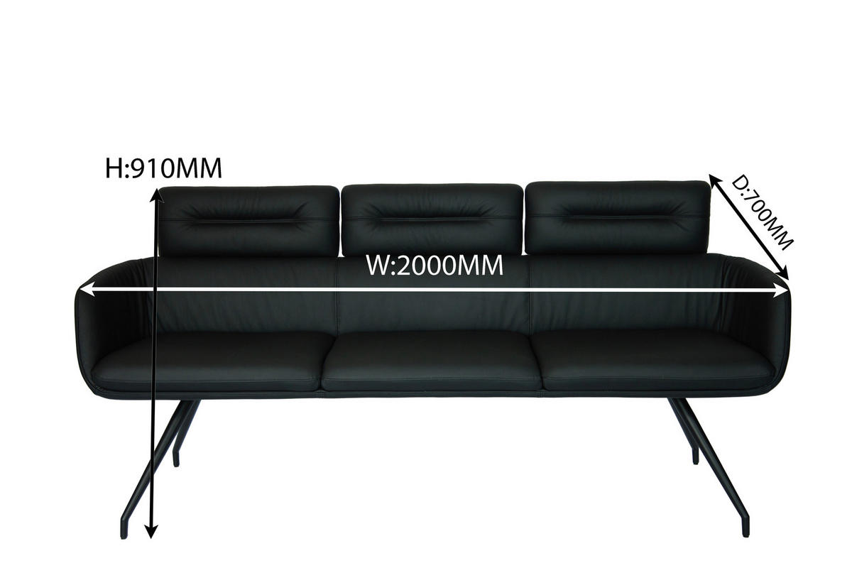 SITZBANK 200/91/70 cm Echtleder Schwarz  - Schwarz, Design, Leder/Metall (200/91/70cm) - Dieter Knoll
