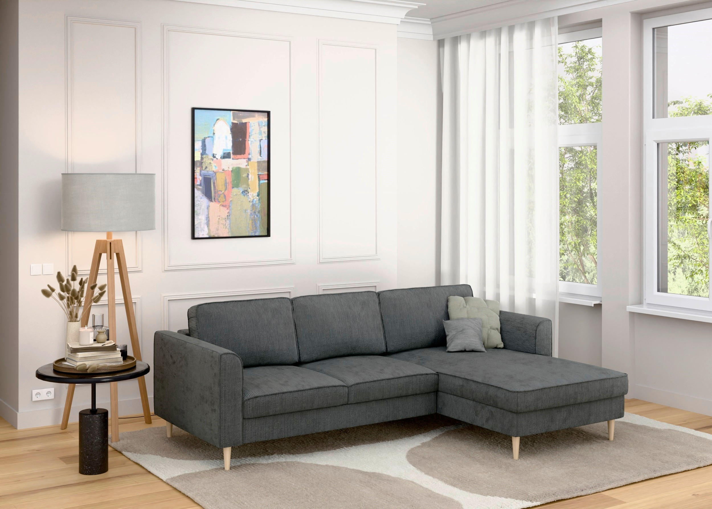 ECKSOFA Cord Dunkelgrau  - Dunkelgrau/Buchefarben, Modern, Holz/Textil (232/161cm) - Trendmanufaktur