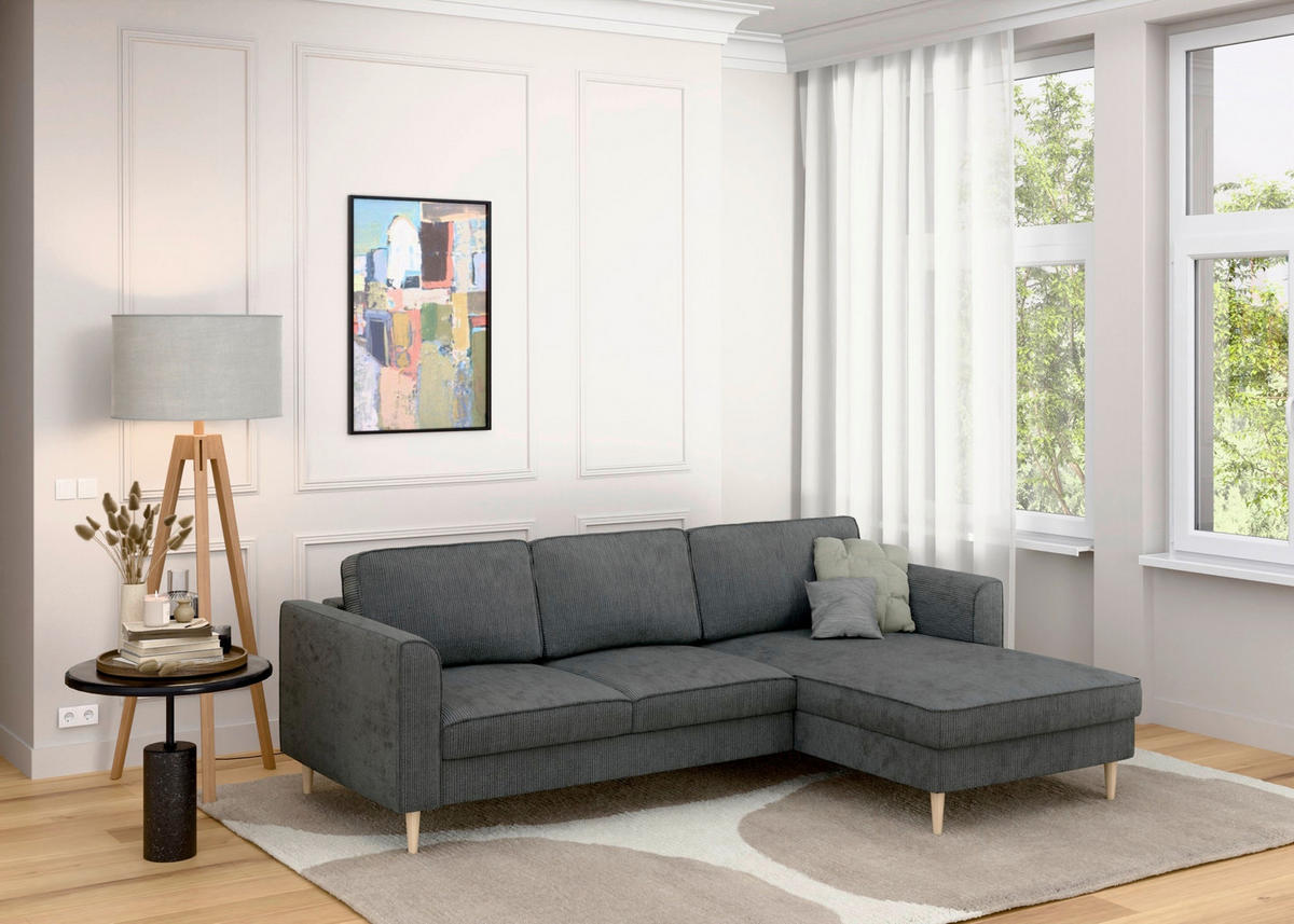 ECKSOFA Cord Dunkelgrau  - Dunkelgrau/Buchefarben, Modern, Holz/Textil (232/161cm) - Trendmanufaktur