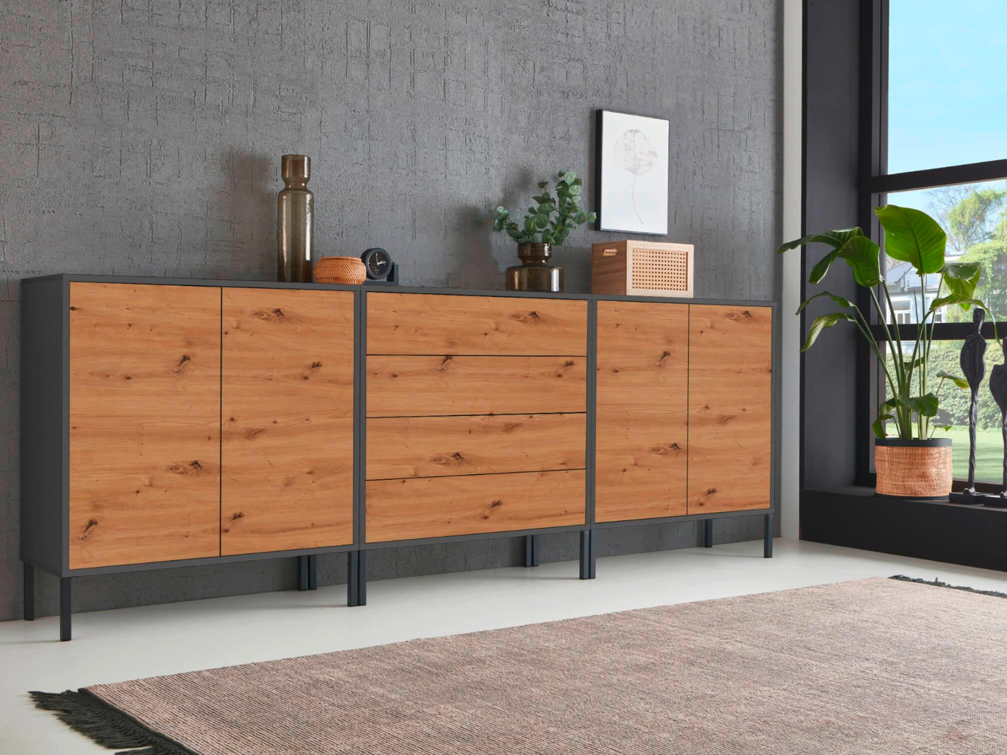 SIDEBOARD Mailand Set 5 + MF  in 237/86/33 cm  - Anthrazit/Eiche Artisan, MODERN, Holzwerkstoff/Metall (237/86/33cm) - MID.YOU