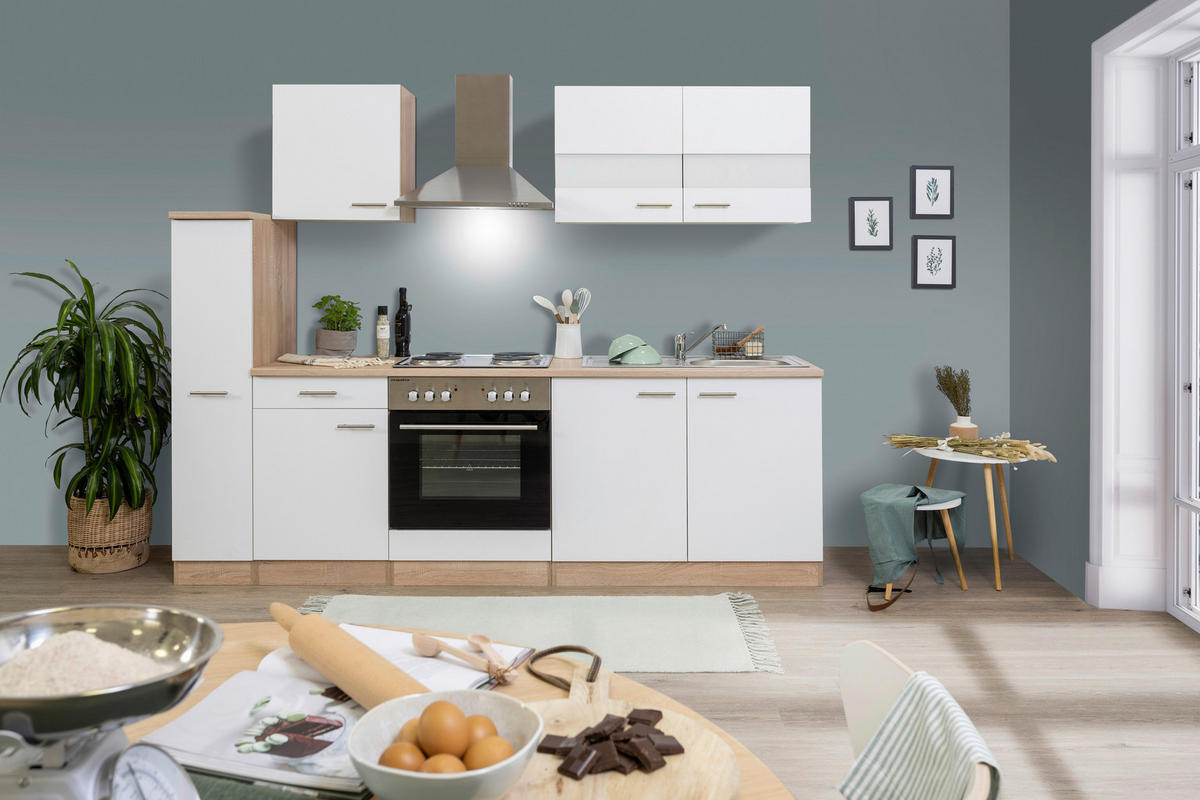 KÜCHENBLOCK 240 cm   in Weiß  - Edelstahlfarben/Eichefarben, Basics, Holzwerkstoff/Metall (240cm) - Respekta