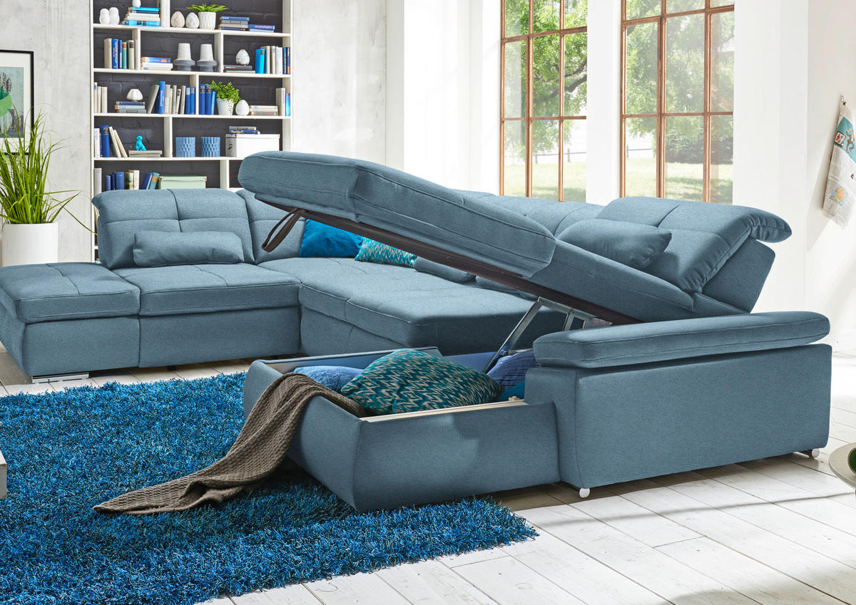 WOHNLANDSCHAFT  in Mikrofaser Hellblau  - Chromfarben/Hellblau, Design, Holzwerkstoff/Textil (260/371/195cm) - Beldomo Style