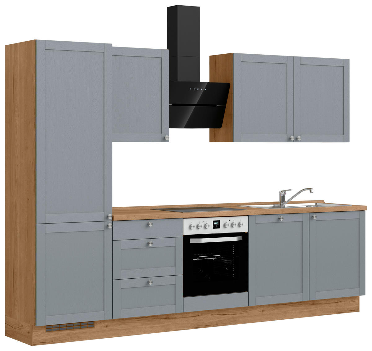 KÜCHENBLOCK Frame 300 cm  in Eichefarben, Blaugrau  - Edelstahlfarben/Eichefarben, MODERN, Holzwerkstoff/Metall (300cm) - Nobilia