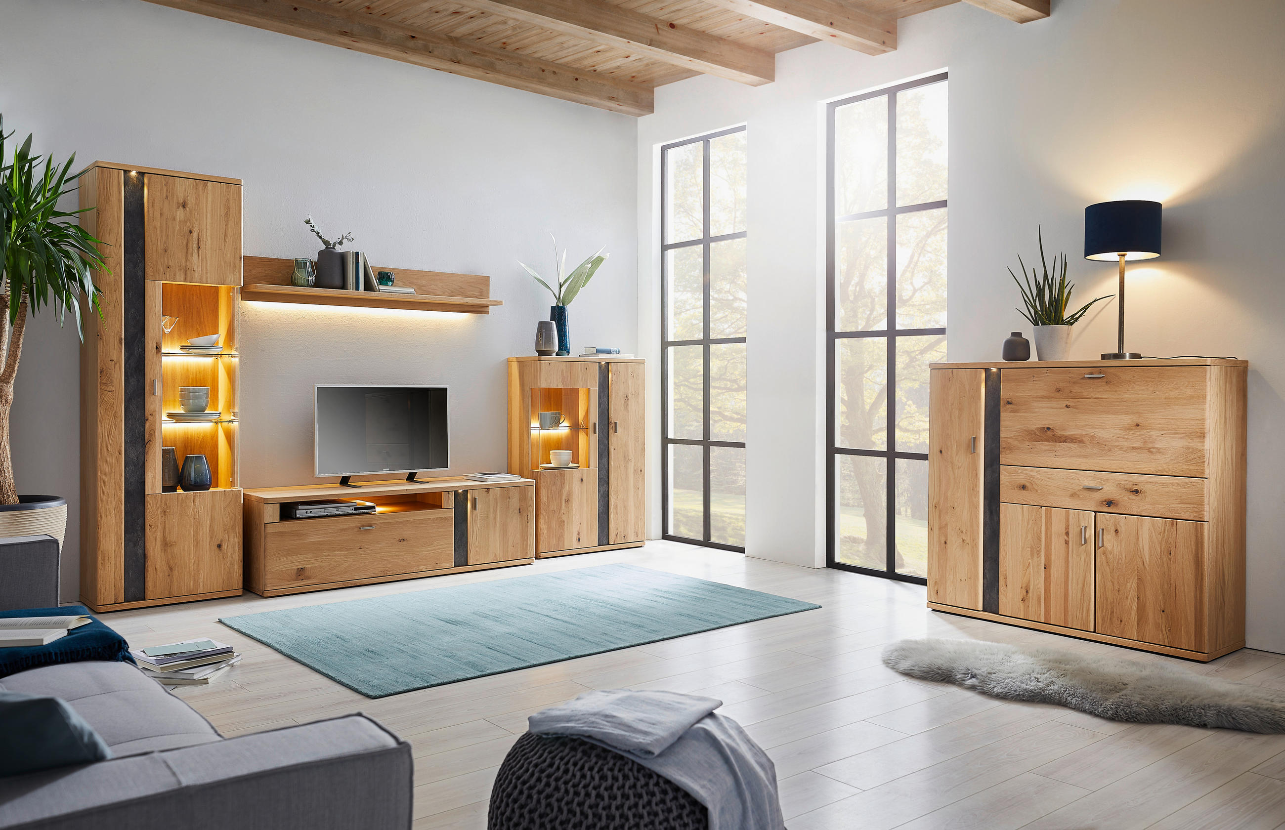 Thumbnail - Voleo Highboard Turego, Eiche, Schiefer, Metall, Eiche, furniert,furniert, massiv,massiv, 2 Fächer, 1 Schublade(n) Schub...