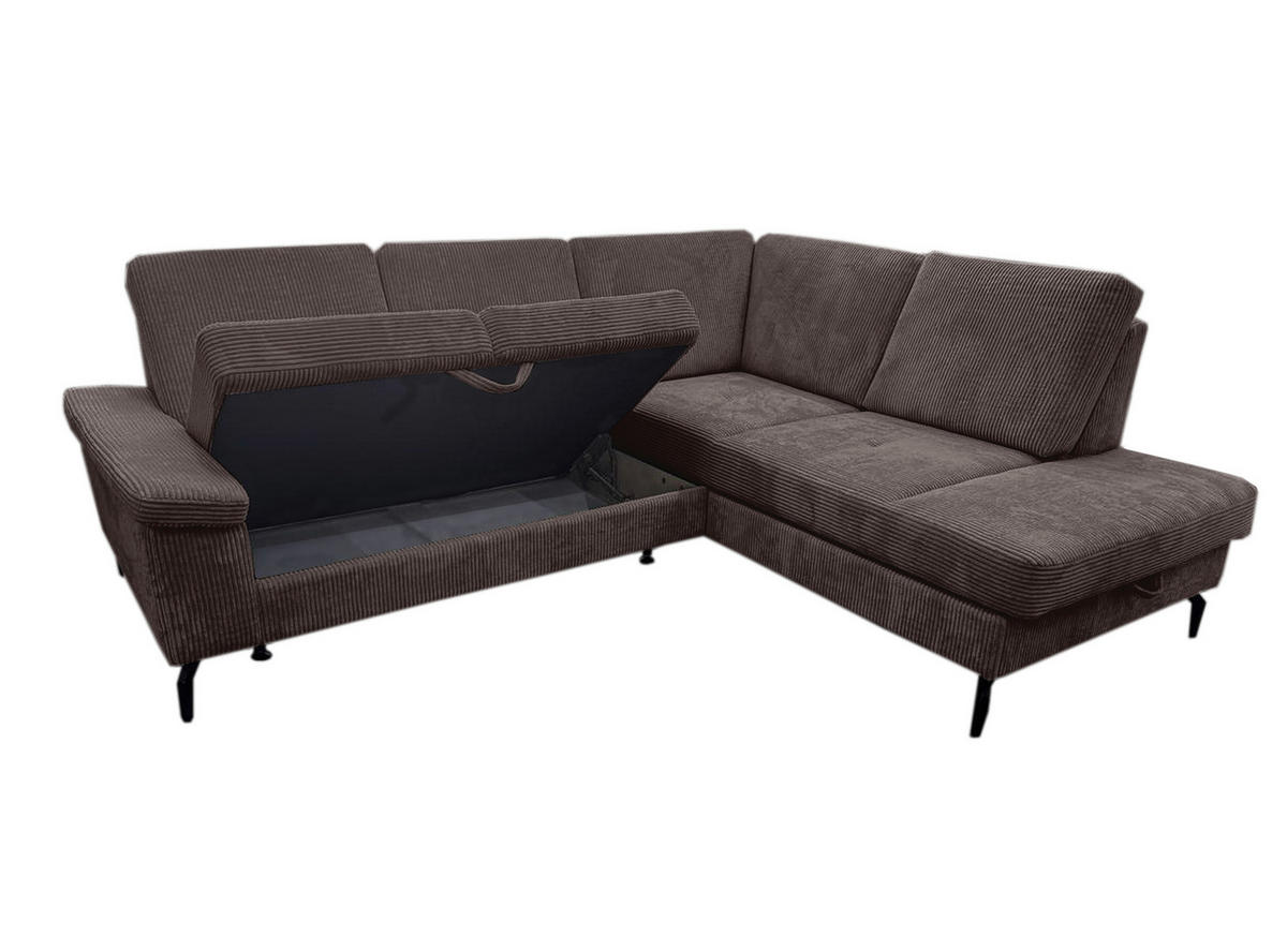 ECKSOFA Dunkelbraun Velours Bettkasten, Sitzvorzug  - Dunkelbraun/Schwarz, KONVENTIONELL, Textil/Metall (253/206cm) - Venda