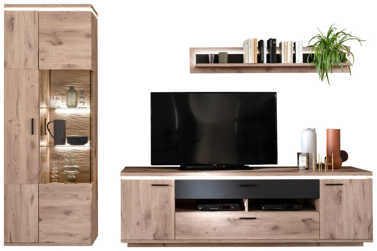 WOHNWAND 3-teilig  in Anthrazit, Eiche dunkel  295/208/50 cm  - Eiche dunkel/Anthrazit, KONVENTIONELL, Glas/Holzwerkstoff (295/208/50cm) - Cantus