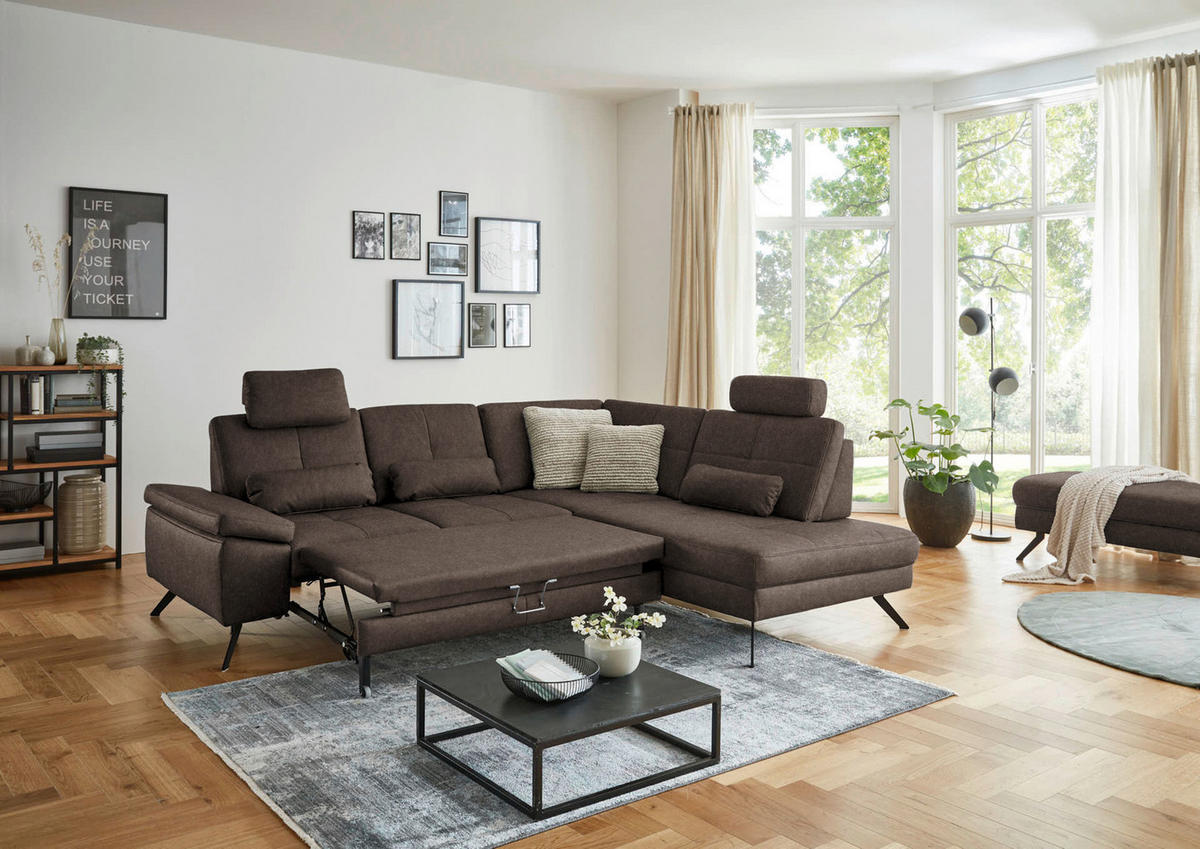 ECKSOFA in Lederlook, Mikrofaser Dunkelbraun  - Dunkelbraun/Schwarz, Design, Textil/Metall (261/220cm) - Beldomo System