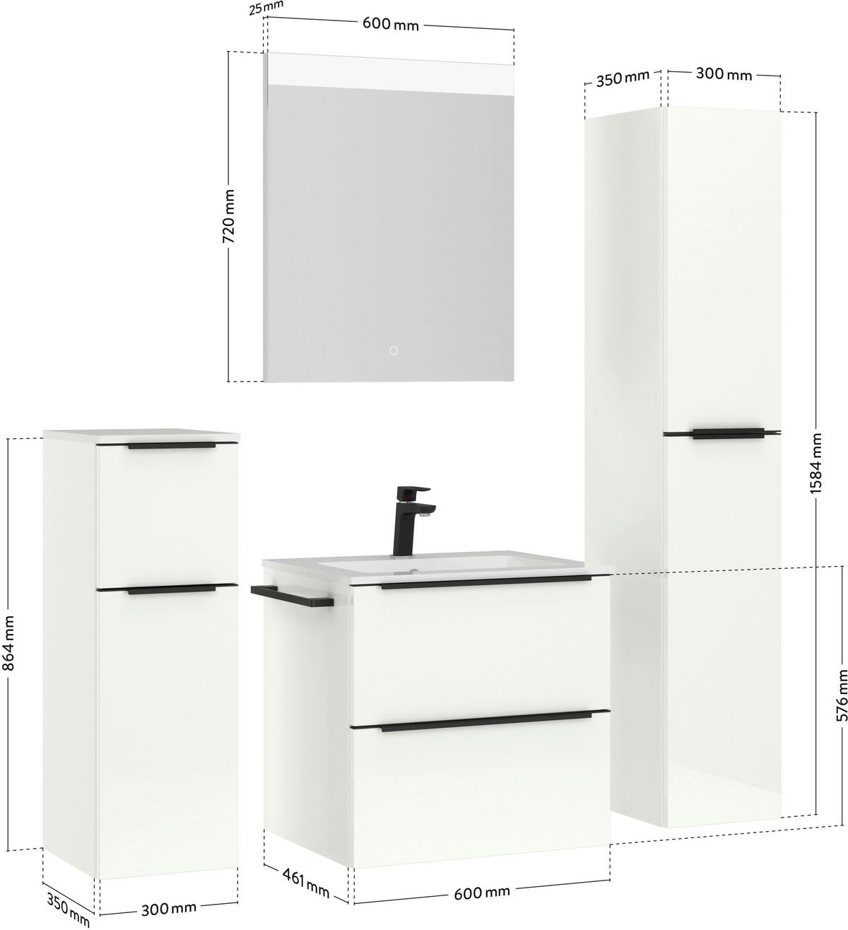 BADEZIMMER 5-teilig  in 121 cm  - Weiß Hochglanz/Schwarz, MODERN, Holzwerkstoff/Stein (121cm) - Nobilia