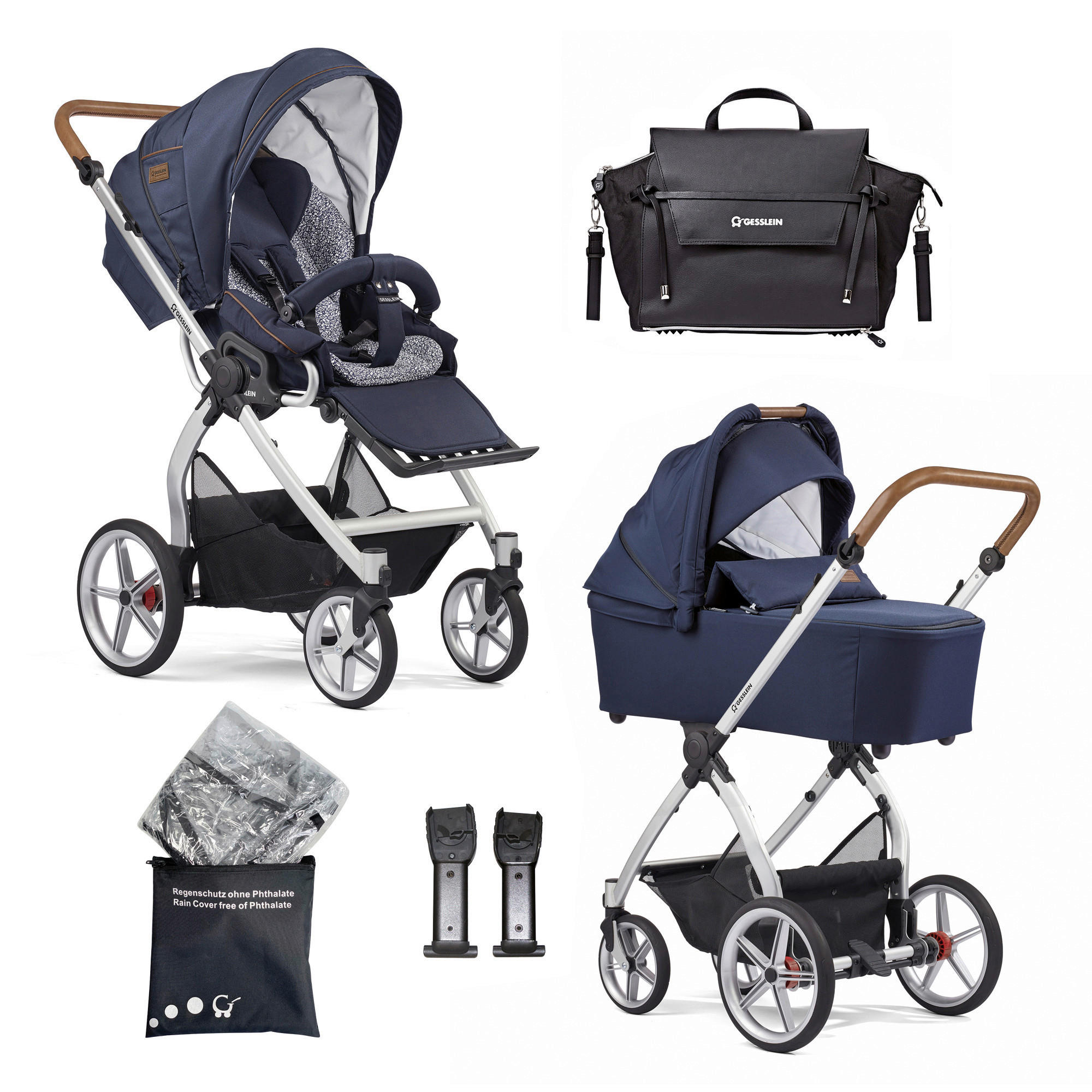 KINDERWAGENSET  FX4 Classic   - Silberfarben/Schwarz, Basics, Leder/Textil (57/129/100cm) - Gesslein